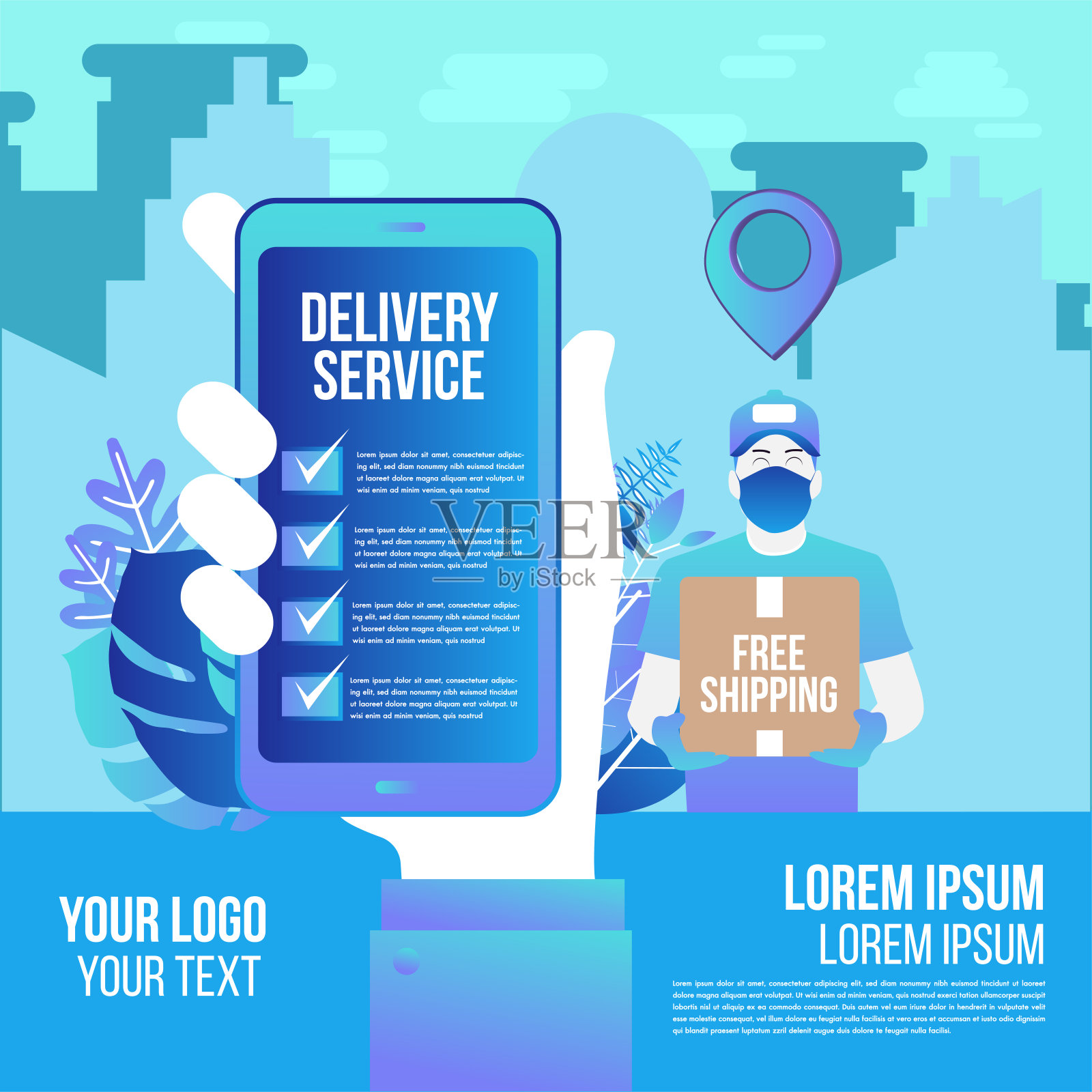 智能手机上戴口罩的男子快速在线快递应用。快递员平面矢量卡通未来人物餐厅餐饮服务。在线订餐信息图表。设计模板素材