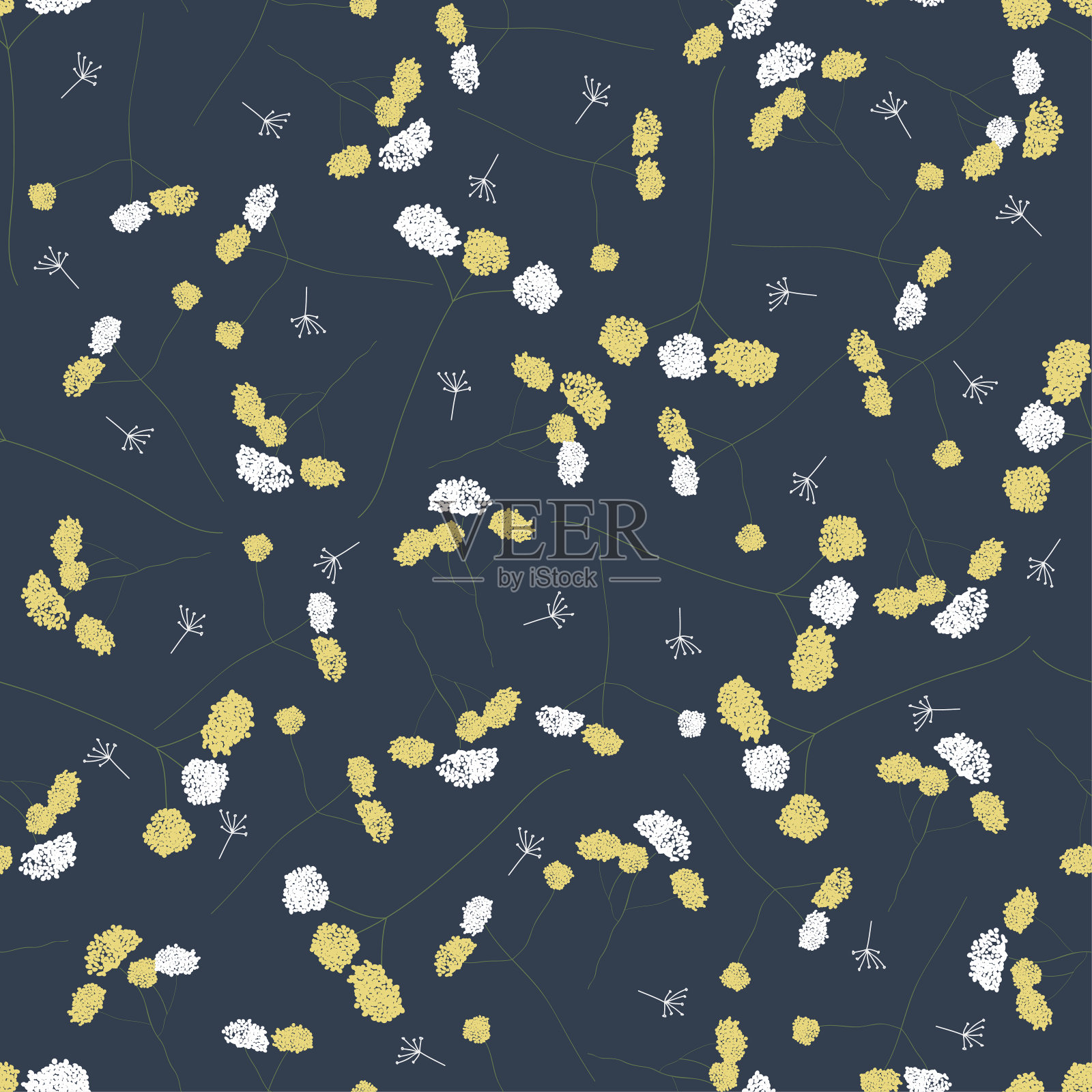 花花无缝图案。盛开的植物图案散乱。时尚的彩色矢量纹理。时尚，凌乱的印花，织物，壁纸。手绘野生草甸花在蓝色的背景插画图片素材