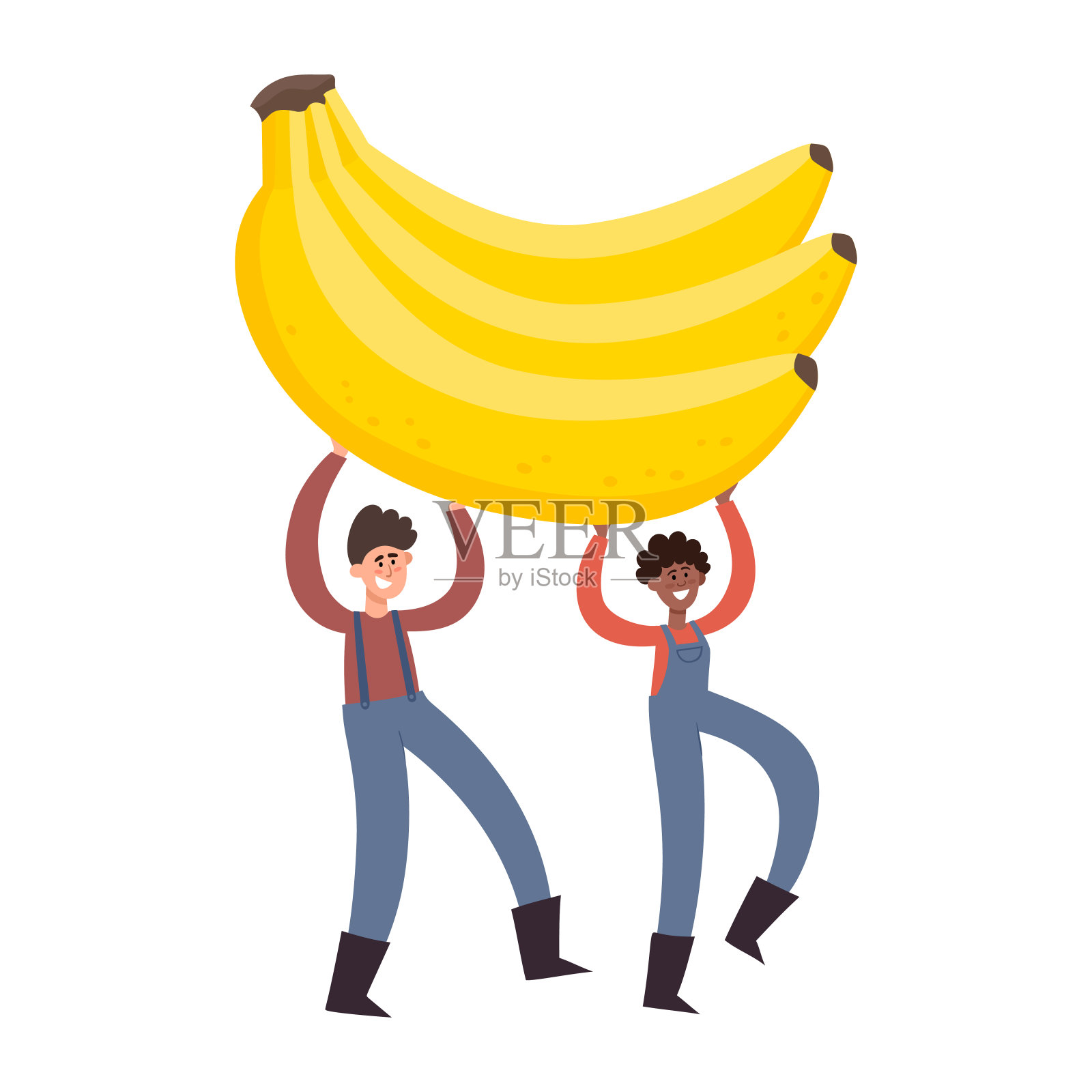 卡通矢量插图与微小的人拿着香蕉在白色。插画图片素材