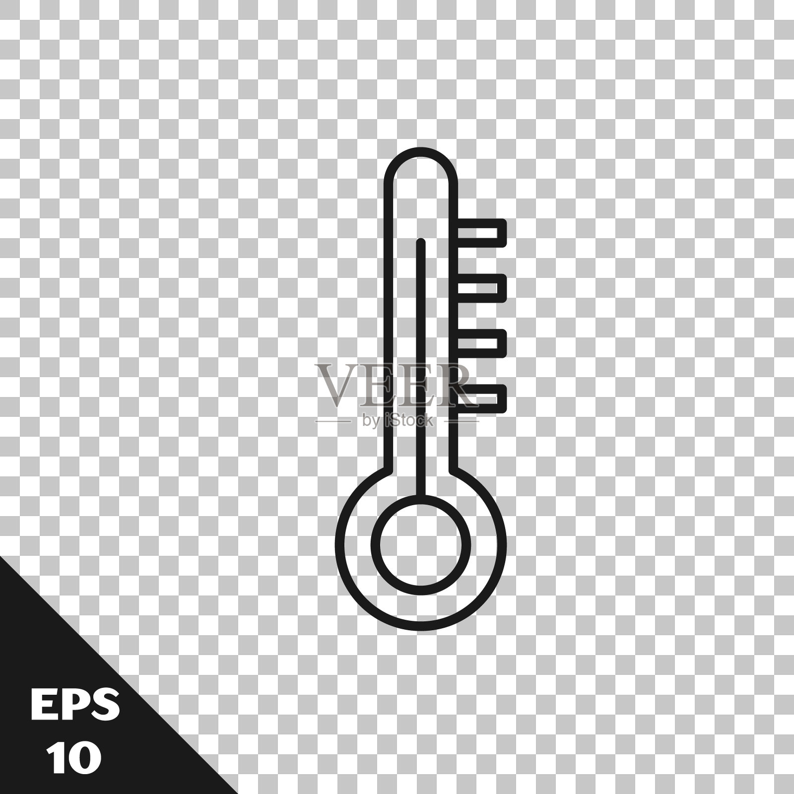 黑线气象温度计测量图标孤立在透明的背景。显示冷热天气的温度计设备。矢量图图标素材