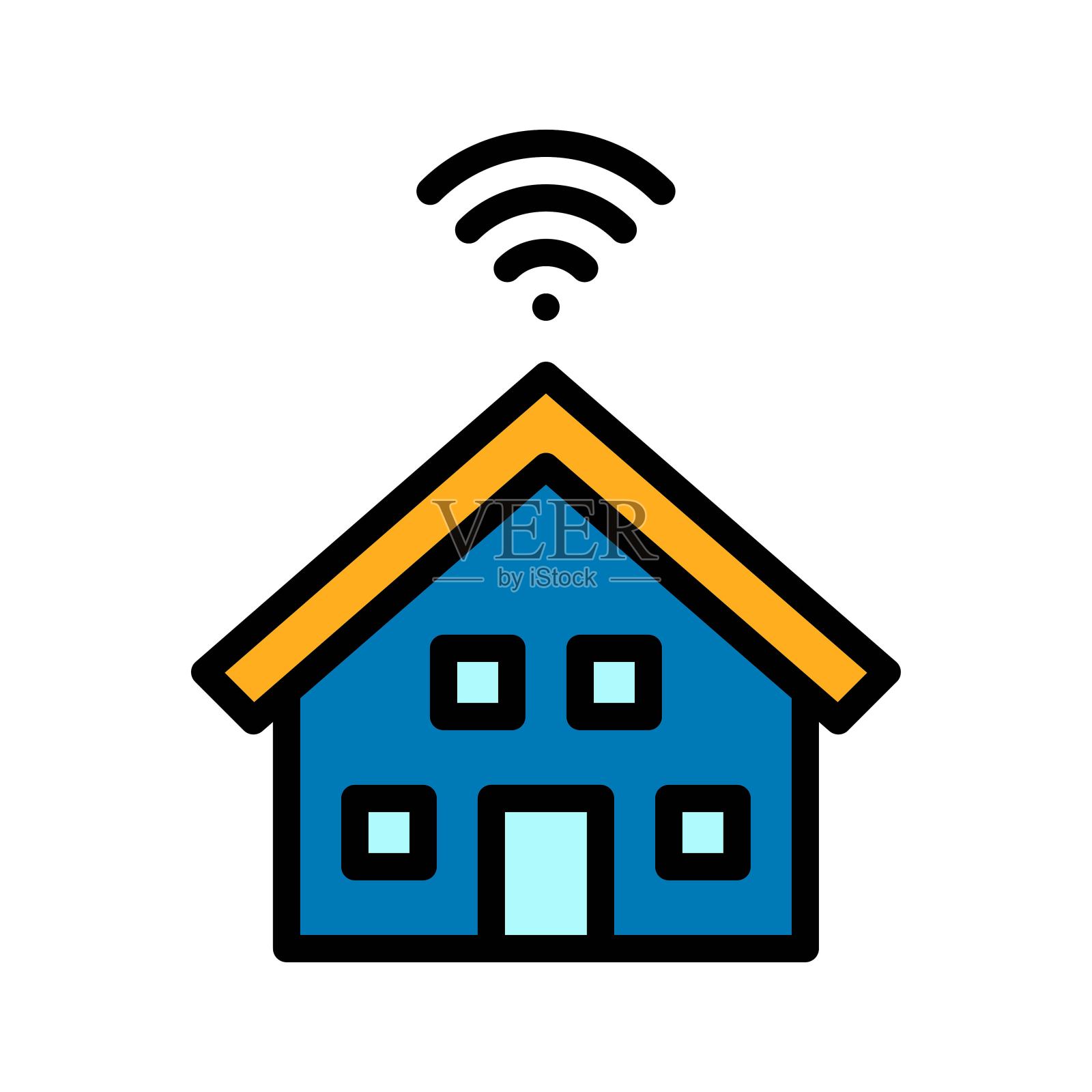 远程工作或远程办公相关的WiFi信号在家庭建筑矢量与可编辑的描边，插画图片素材