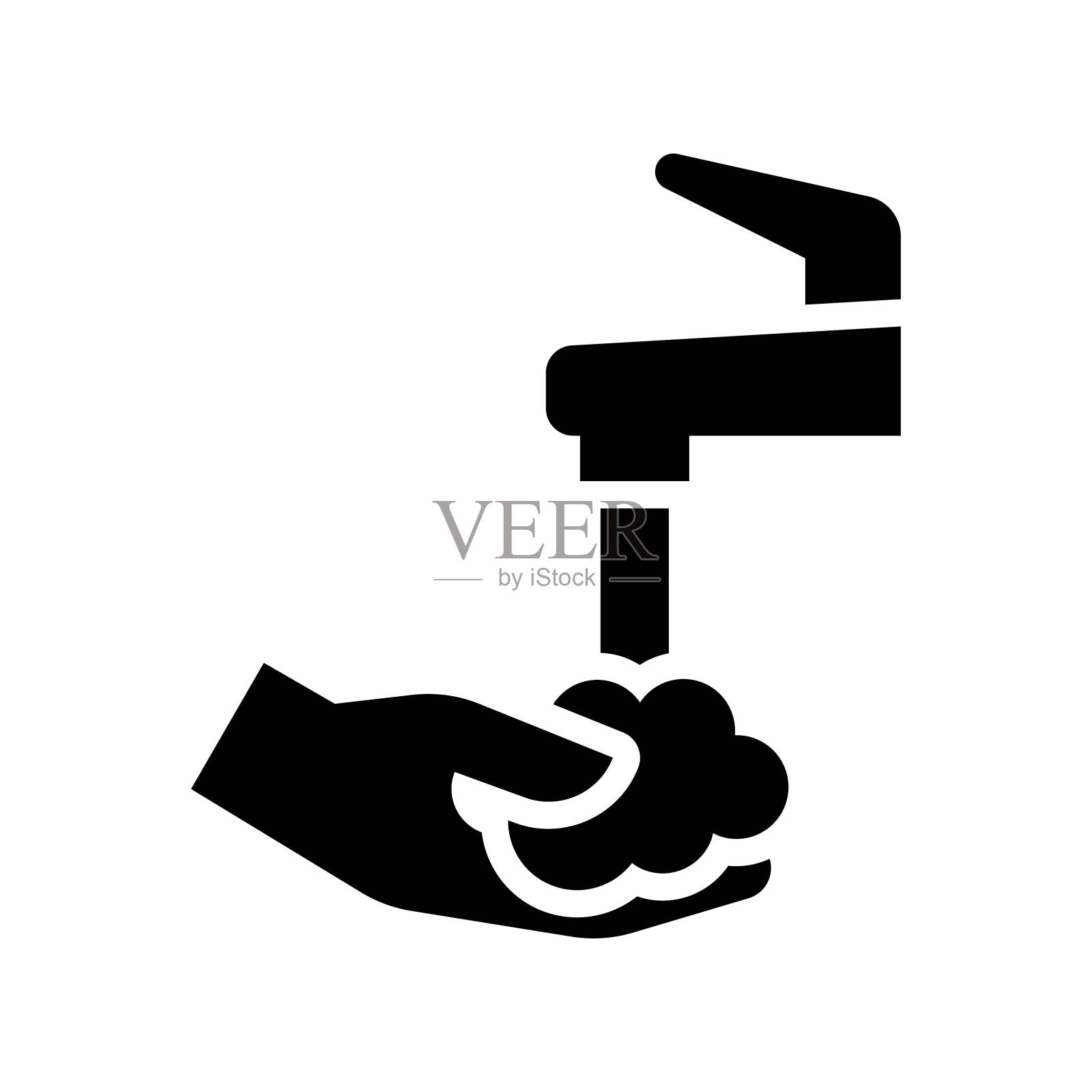 用气泡和带有手柄矢量的水龙头洗手或清洁相关的手，插画图片素材