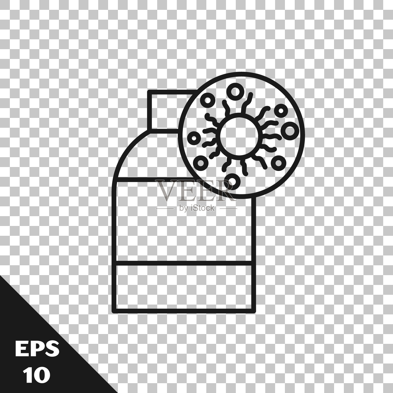 透明背景上分离出病毒和细菌图标的瓶子。微生物分析、研究、诊断。矢量图图标素材