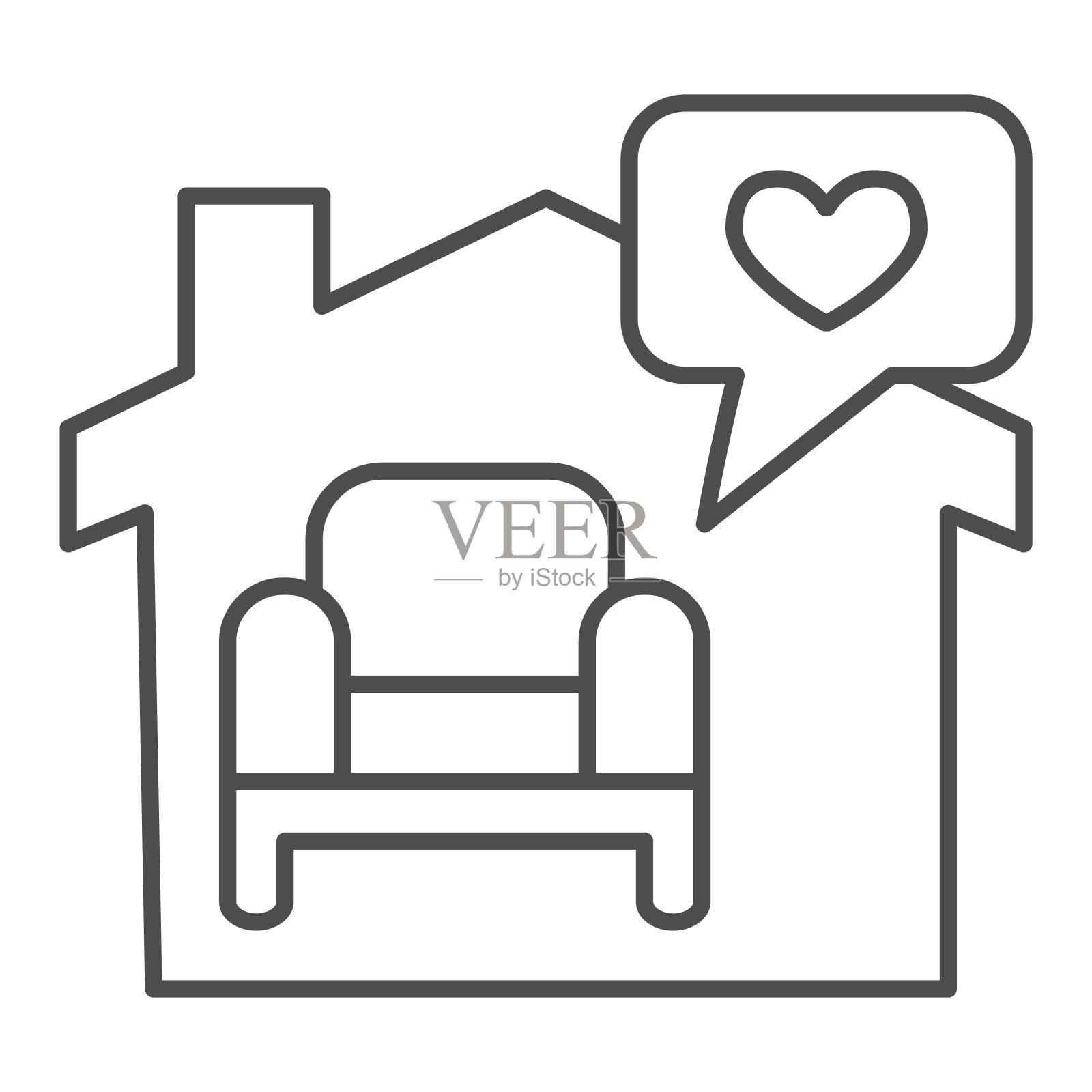 呆在家里细线图标。房子有扶手椅和心形泡泡轮廓风格的象形文字在白色的背景。在流感大流行期间呆在家里进行移动概念和网页设计。矢量图形。插画图片素材