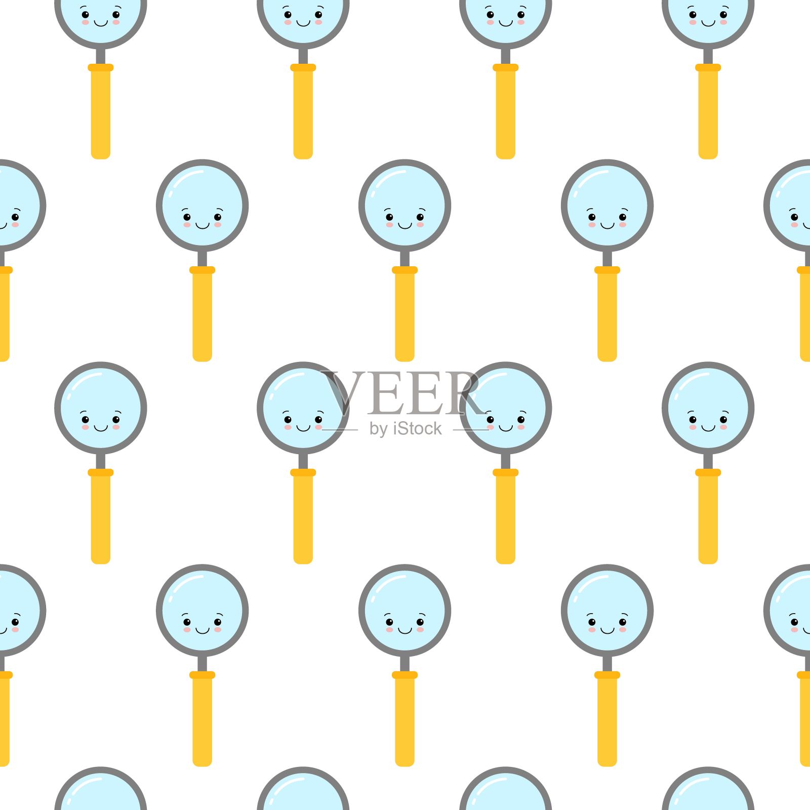 图案纹理可爱的字符线图标放大镜黄色。放大镜标志在平面风格。放大镜背景学校，办公室，科学。插画图片素材