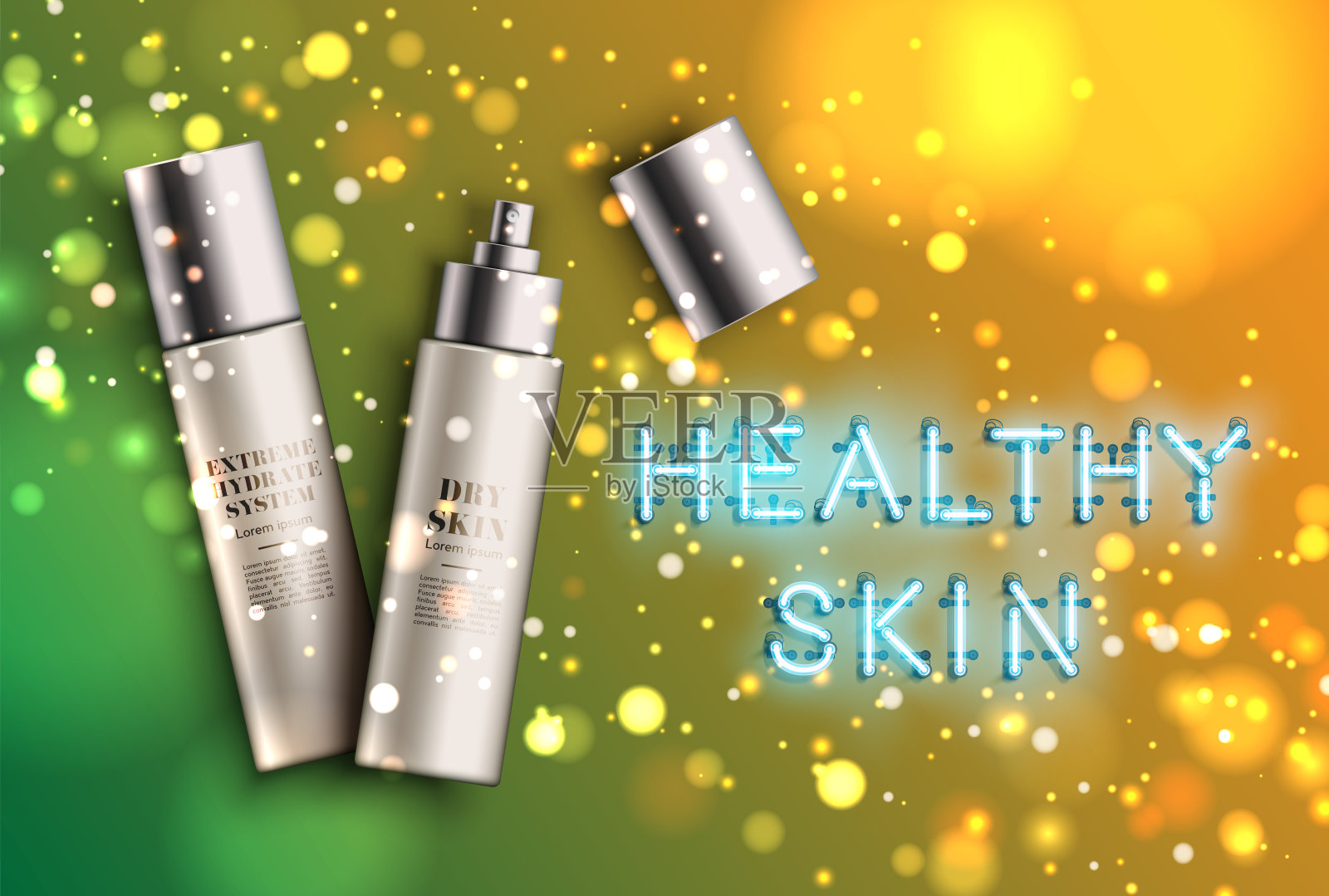 高细节的保湿瓶与霓虹灯“健康肌肤”标志，矢量插图设计模板素材