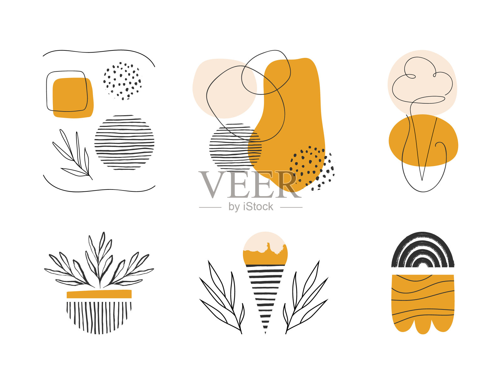 这是一套夏日抽象构图，由冰淇淋、植物和几何形状组成。向量孤立的插图。插画图片素材