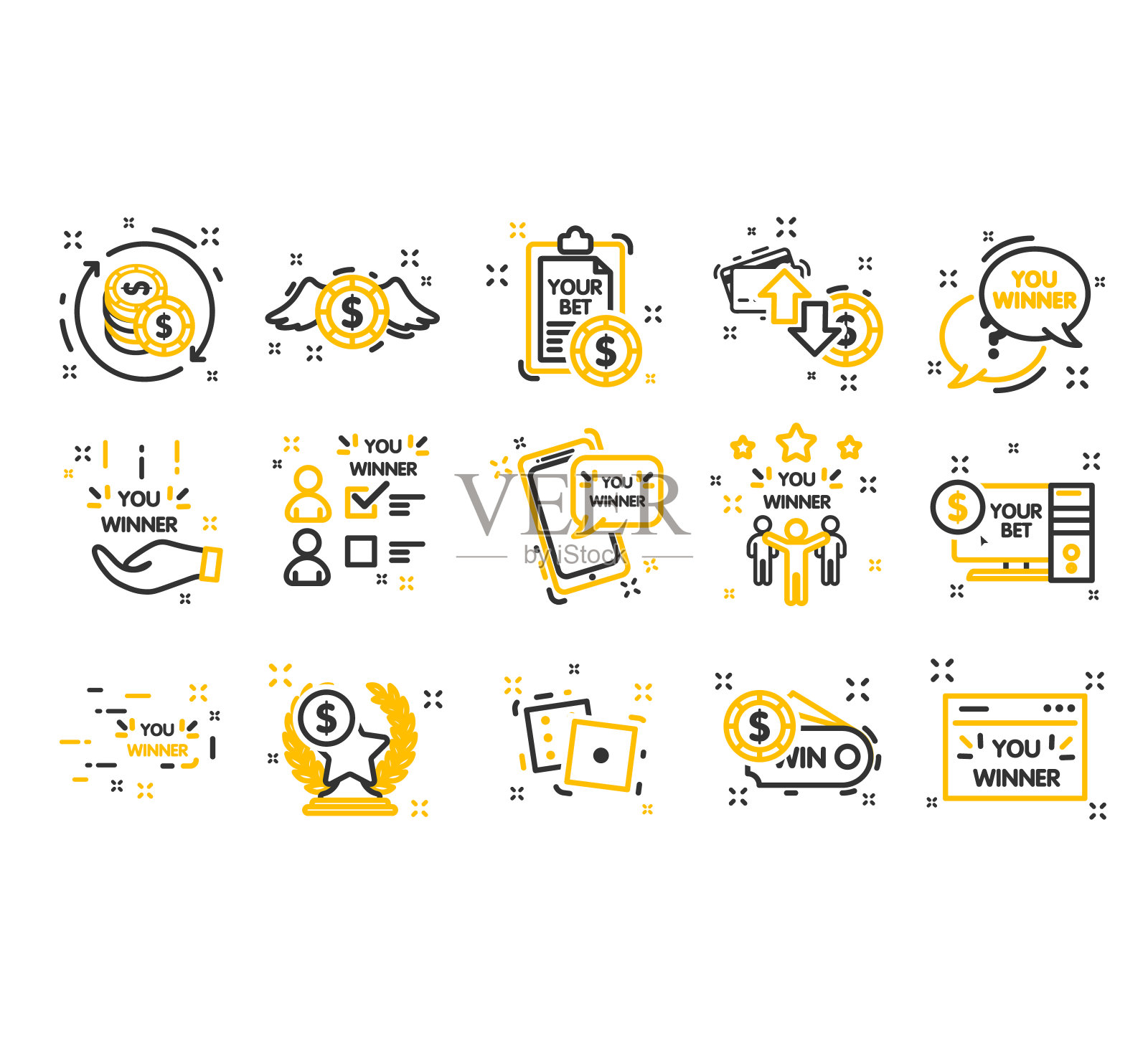 赌博，网上投注，赌场图标设置。体育博彩图标。赢家的图标。奖励获胜的投注图标。图标素材