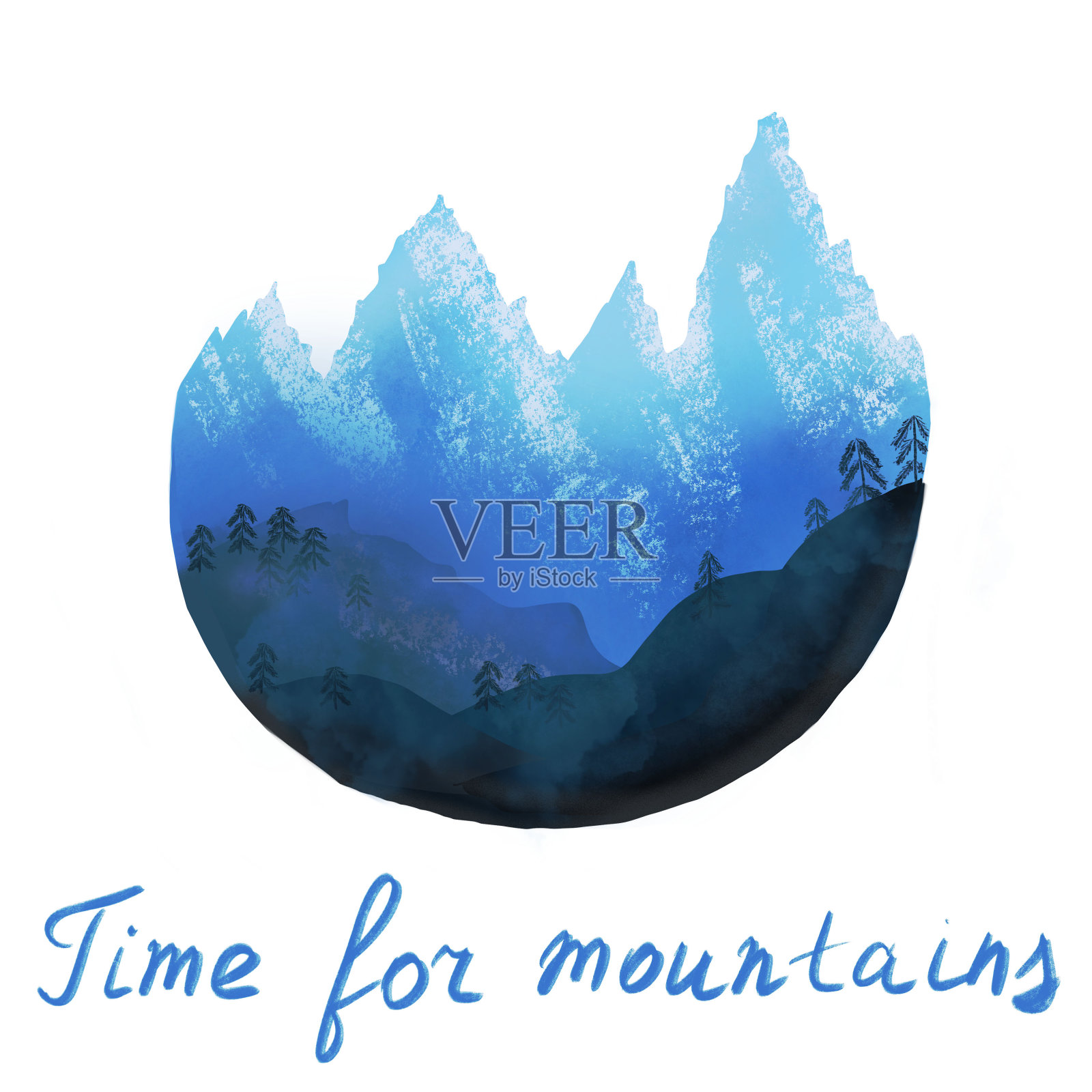 冬季山地景观插图与软木森林。是时候在山上刻字了。手绘和书写。在户外。徒步旅行。露营。插画图片素材