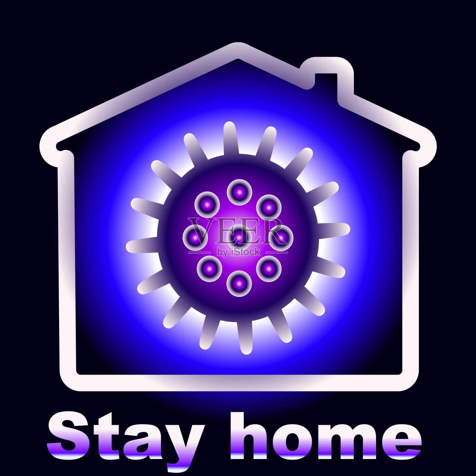 黑色背景上带有病毒的House图标。2019冠状病毒病全球大流行期间。待在家里，矢量图，隔离插画图片素材