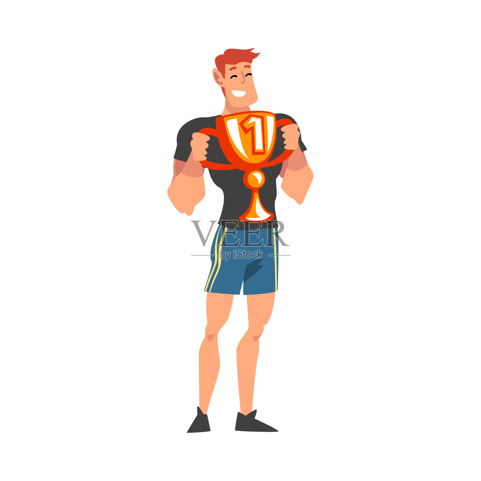 肌肉的运动员摆姿势与优胜者杯，快乐的男运动员在制服庆祝他的胜利矢量插图插画图片素材