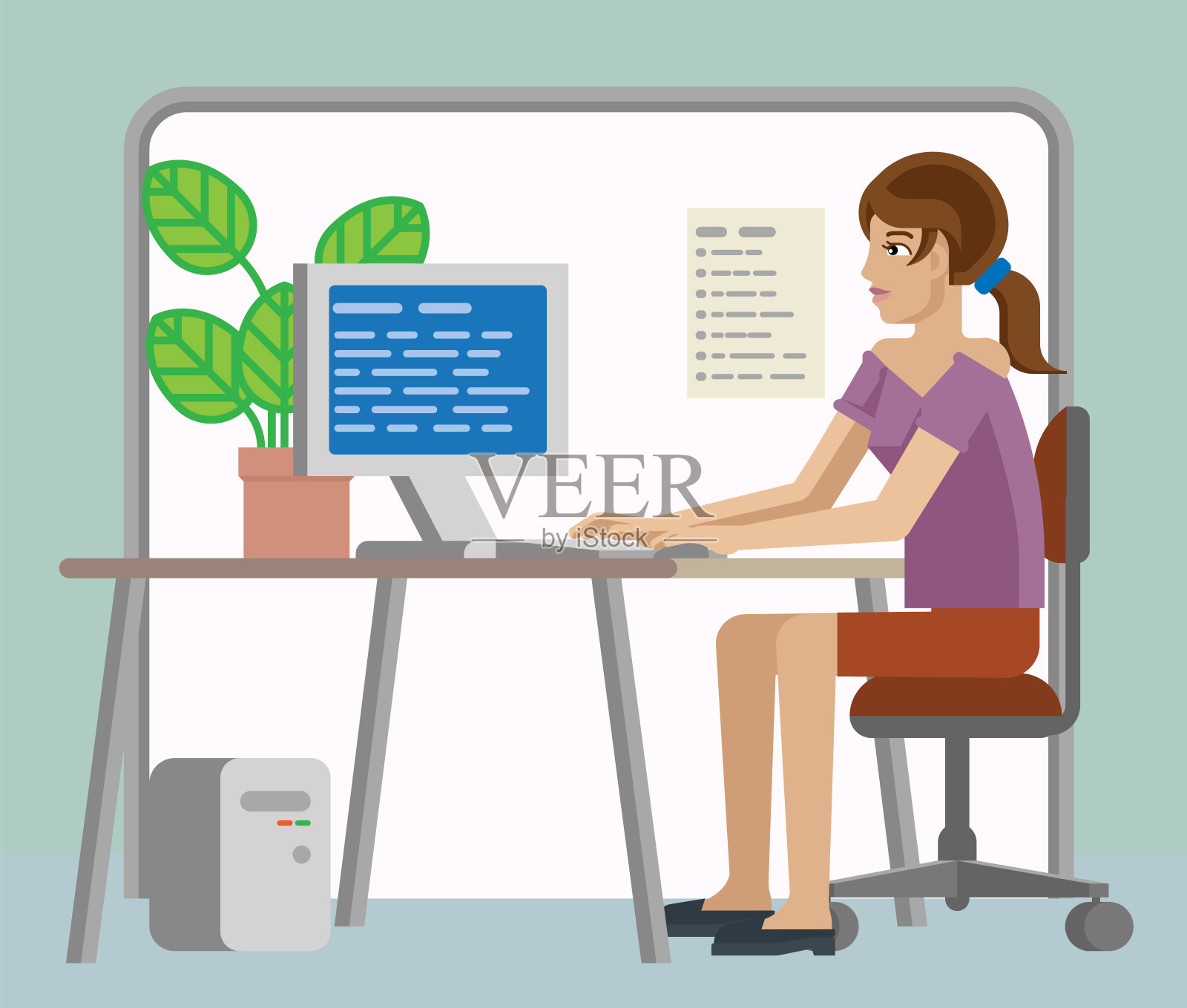 《办公室里伏案工作的女人》插画图片素材