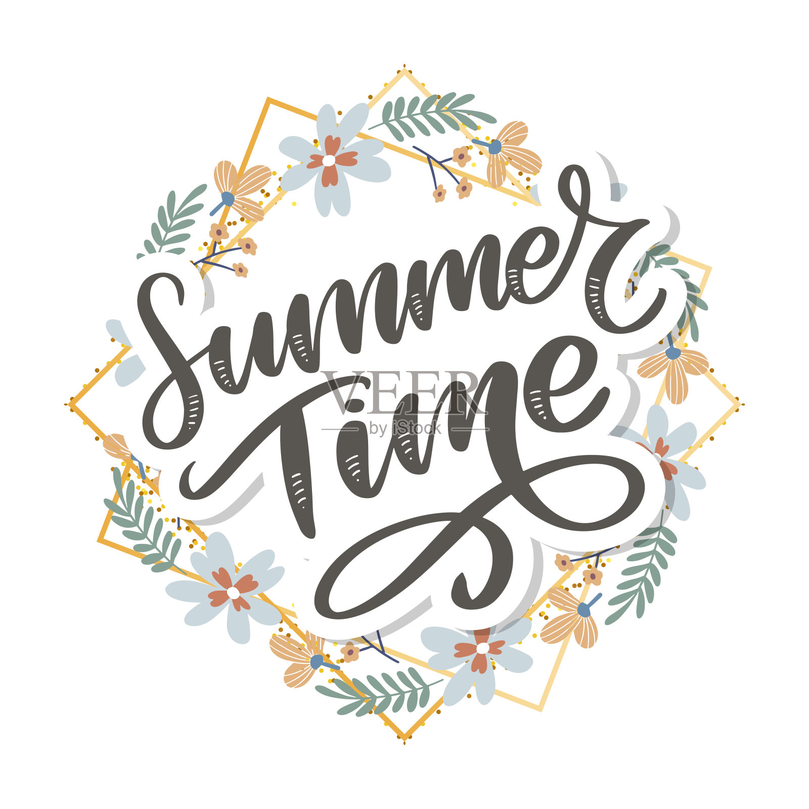 绿色的夏季时间信花在现代风格上丰富多彩的背景。问候邀请矢量插图。花花束装饰。装饰元素。插画图片素材