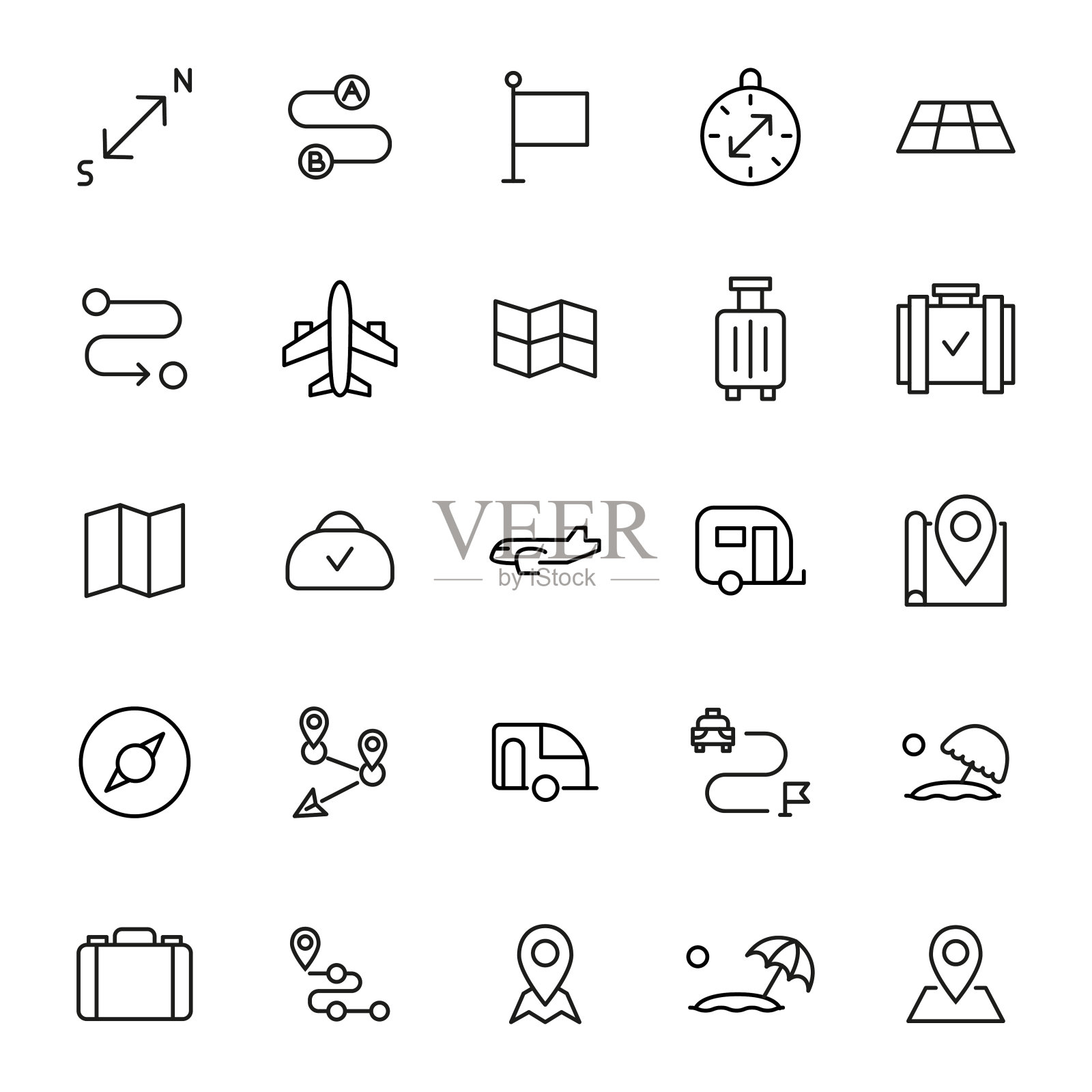 现代细线旅游图标集。图标素材