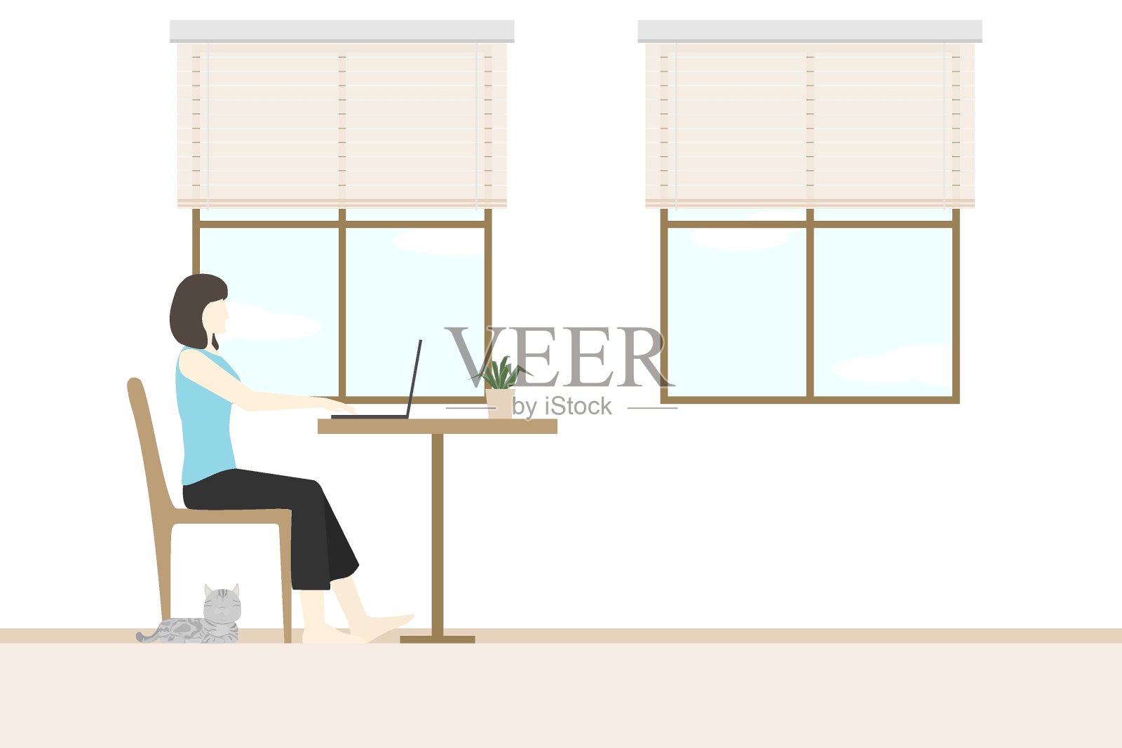 矢量插图在家工作或在家工作概念，在新冠肺炎大流行期间在家用笔记本电脑工作的办公室女商人插画图片素材