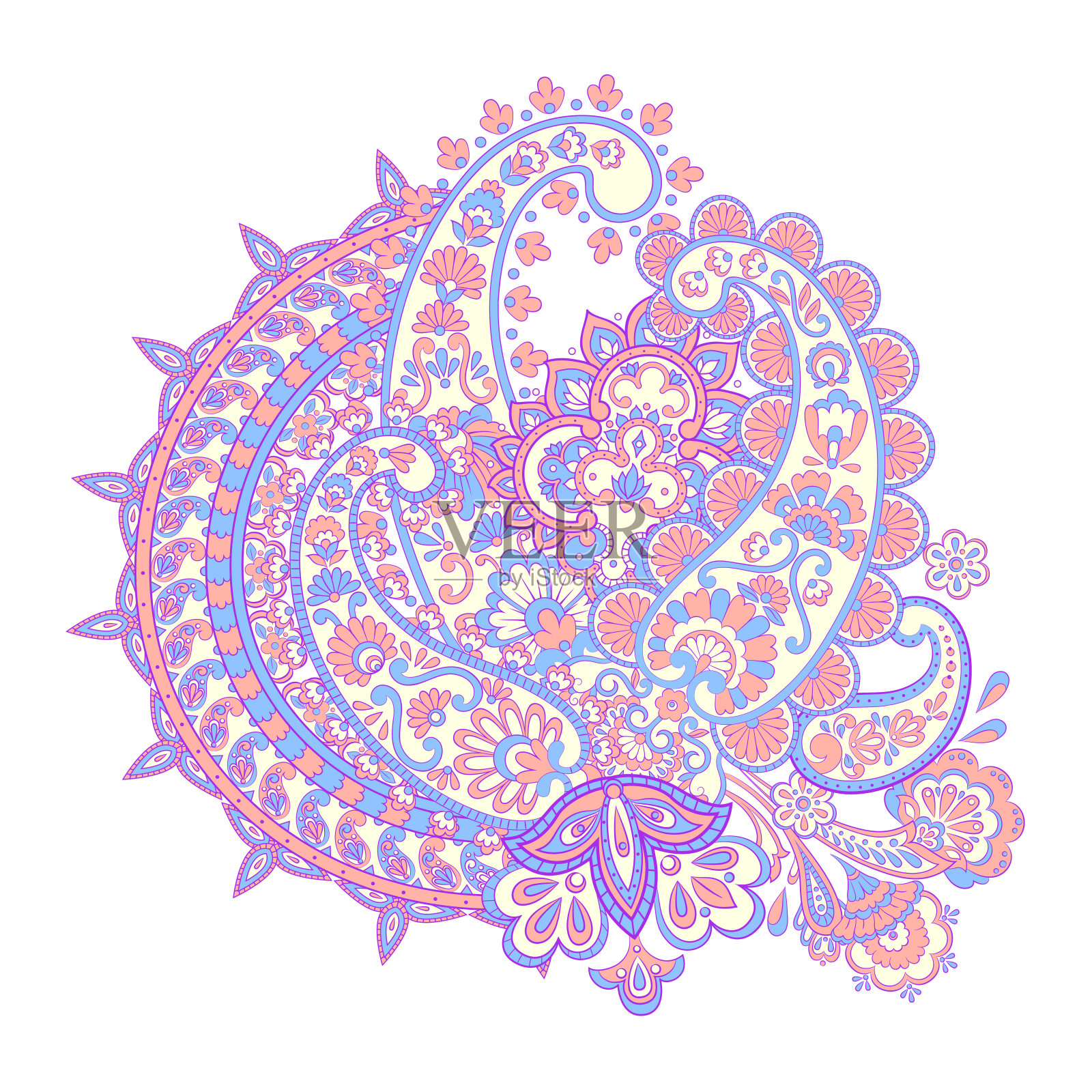 佩斯利花缎图案与花卉元素。插画图片素材