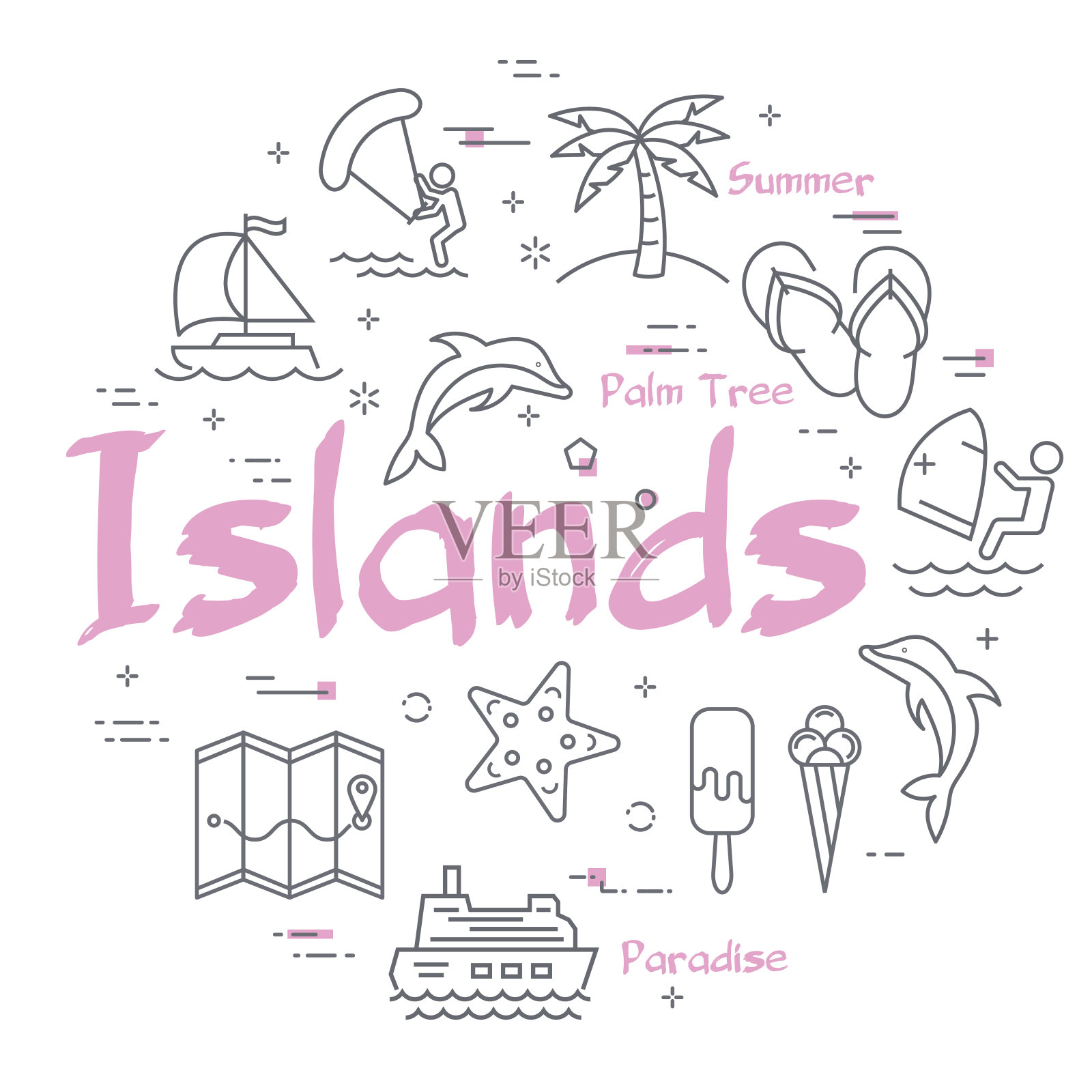 五颜六色的图标在夏季岛屿行横幅插画图片素材