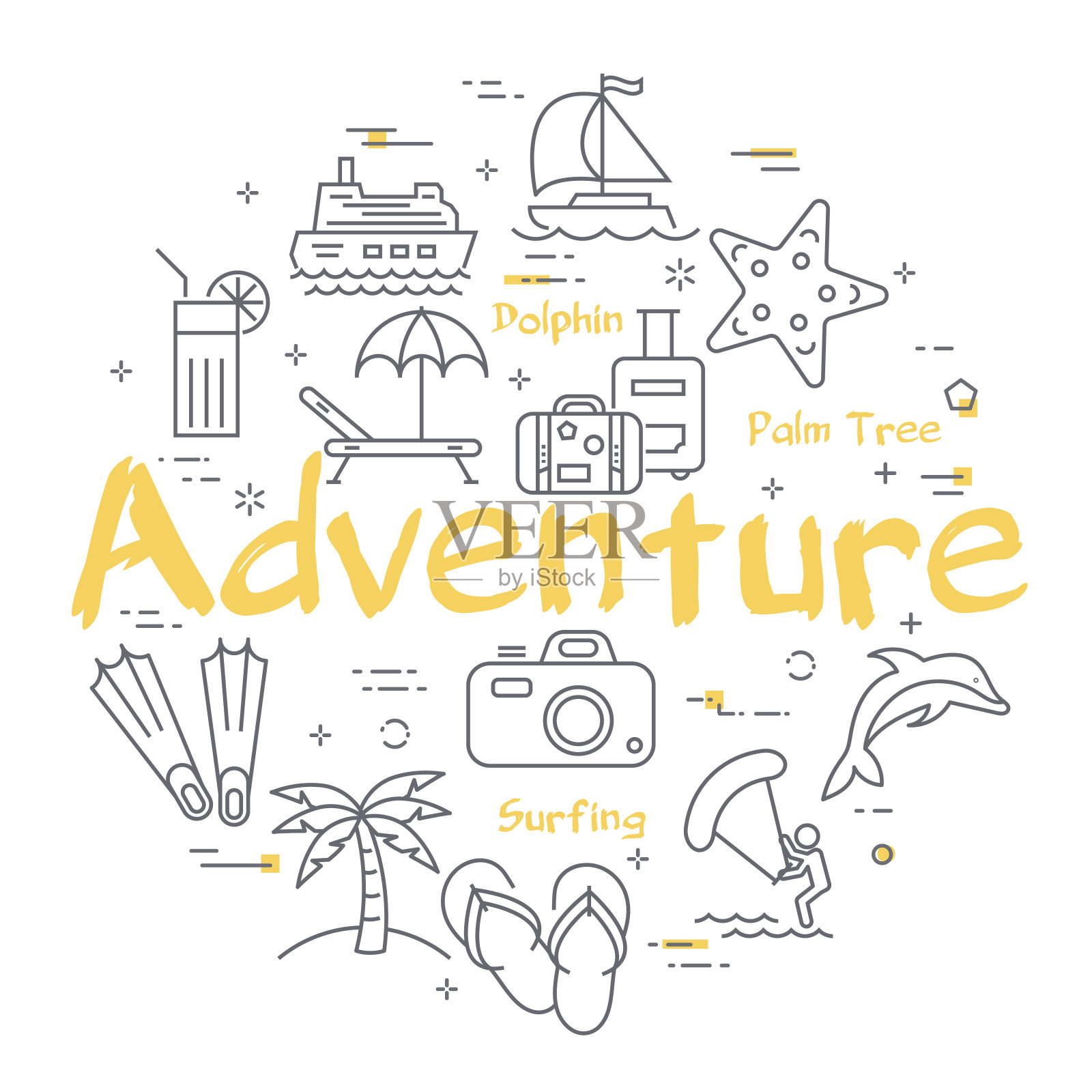 五颜六色的图标在夏季冒险行横幅插画图片素材