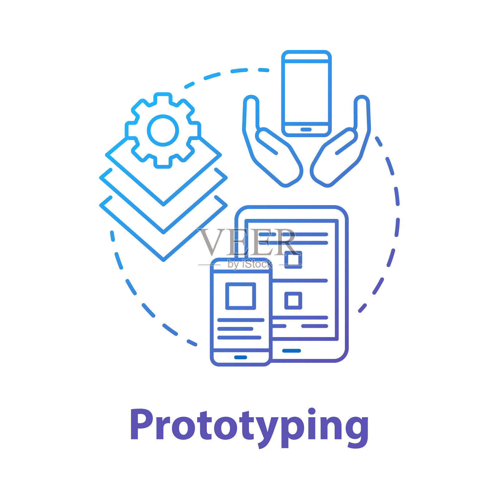 原型概念图标。软件开发工具理念的细线说明。移动设备应用程序编程。响应应用程序设计。应用程序管理。矢量孤立轮廓图插画图片素材