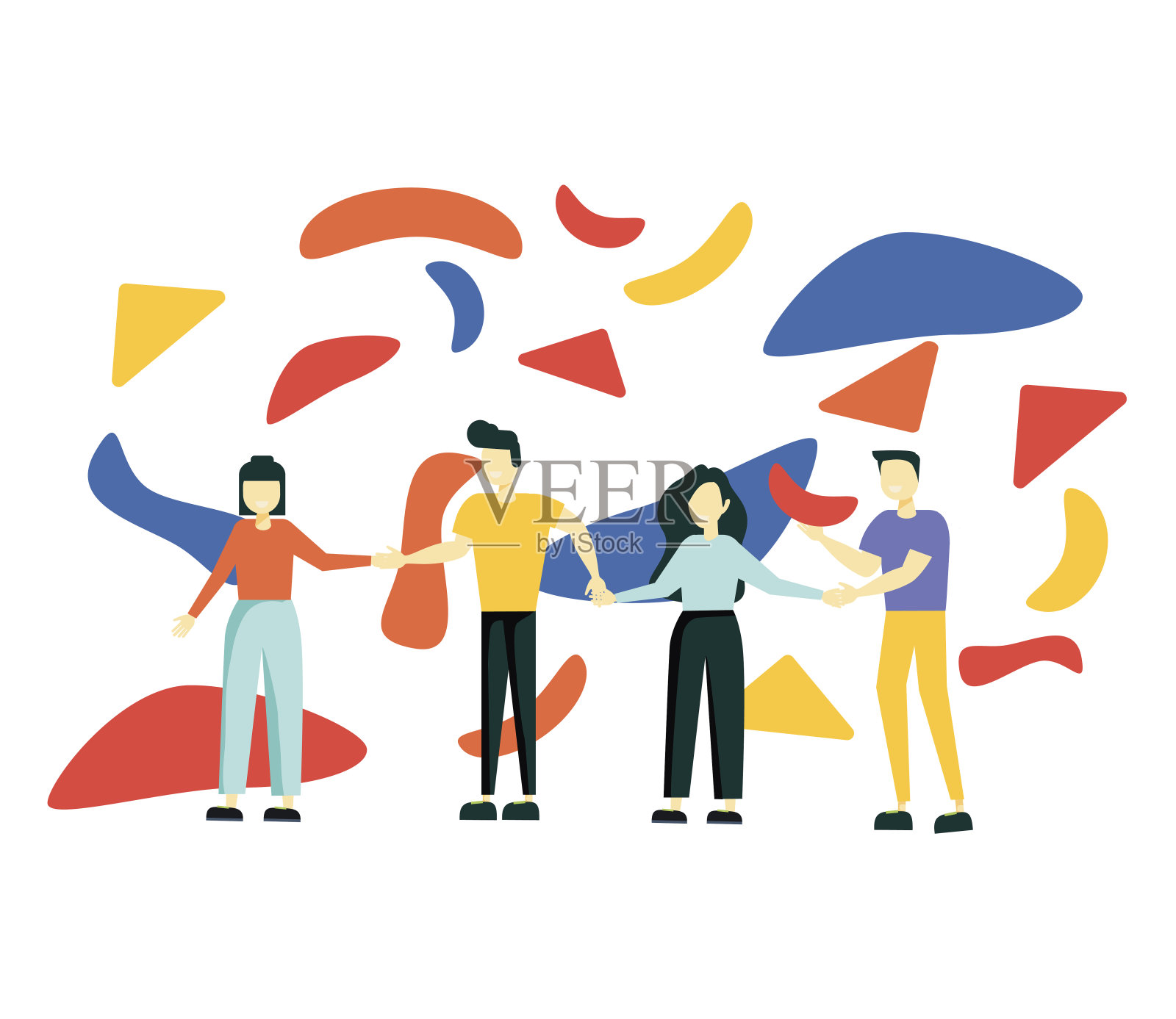 快乐的朋友手牵着抽象的几何形状在多彩的平面风格。不同种族的年轻人聚集在一起，在孤立的背景下参加社会活动。插画图片素材