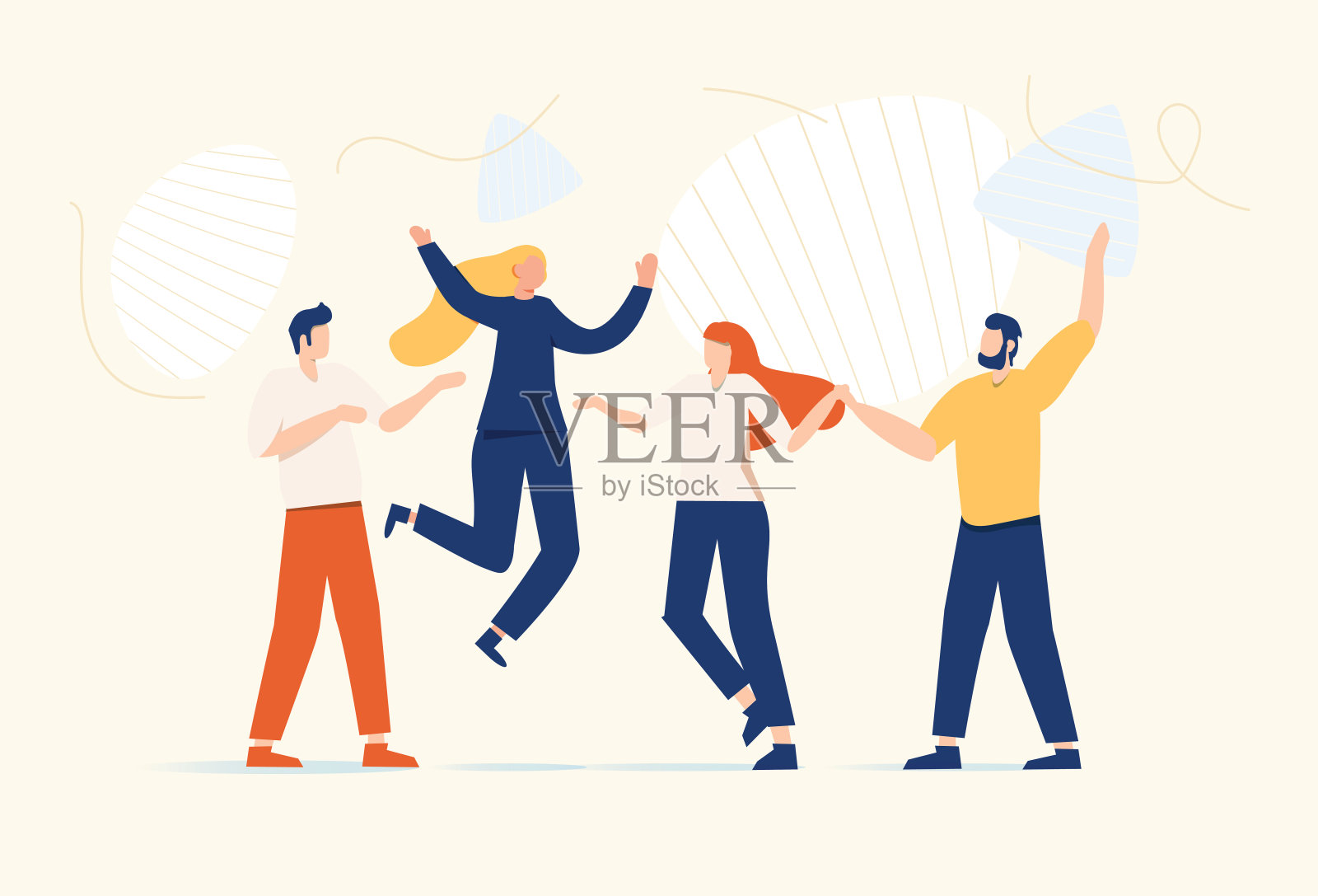 快乐的朋友手牵着抽象的几何形状在多彩的平面风格。青年多元化群体插画图片素材