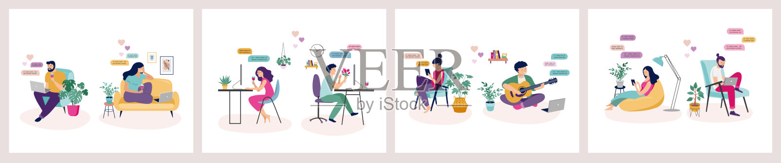 夫妻用智能手机、平板电脑和笔记本电脑上网聊天，在冠状病毒期间自我隔离、隔离。虚拟约会的概念。矢量图设计模板素材