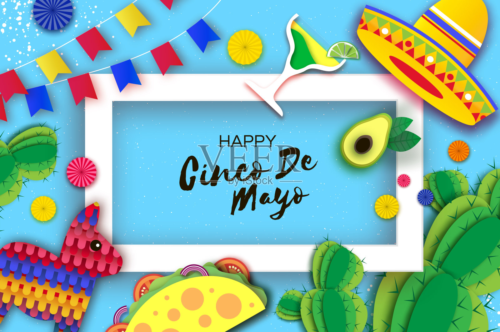 五月节快乐。宽边帽，扇子，玉米饼。剪纸风格的鸡尾酒和鲜花。墨西哥,狂欢节。圈框架。空间的文本。红色的背景。设计模板素材