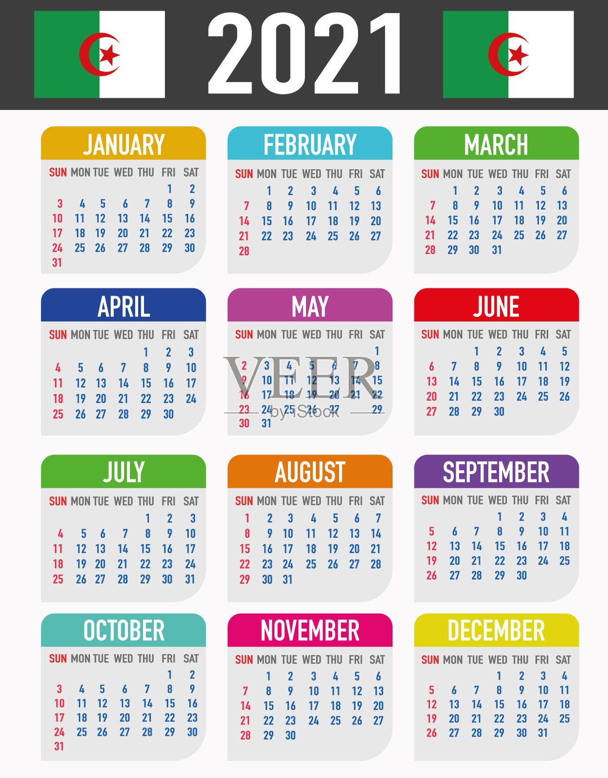 带有国旗的阿尔及利亚日历。月、日、周。色彩缤纷的调色板，时尚简约的平面设计。矢量插图背景为网络，桌面，商业，提醒，计划，排版插画图片素材