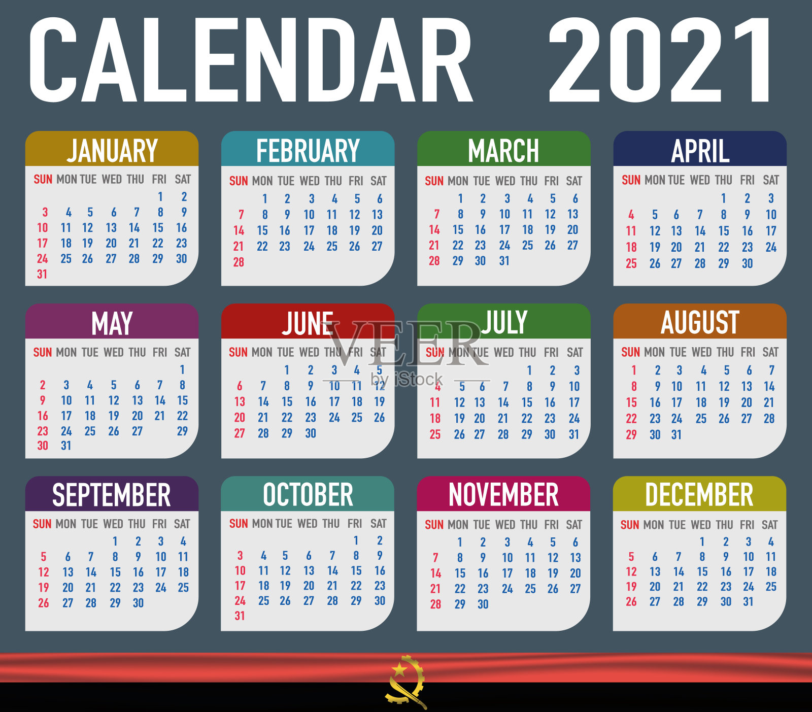 带有国旗的安哥拉日历。月、日、周。色彩缤纷的调色板，时尚简约的平面设计。矢量插图背景为网络，桌面，商业，提醒，计划，排版插画图片素材