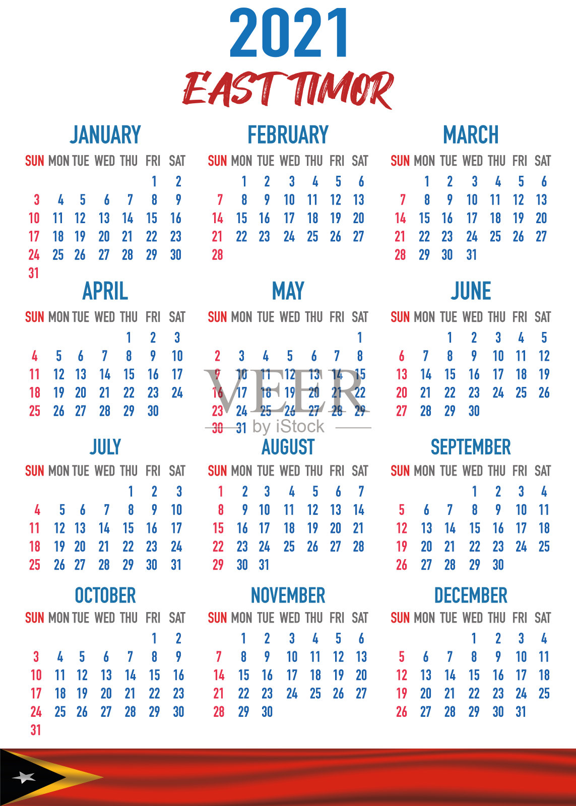 带有国旗的东帝汶日历。月、日、周。色彩缤纷的调色板，时尚简约的平面设计。矢量插图背景为网络，桌面，商业，提醒，计划，排版设计模板素材