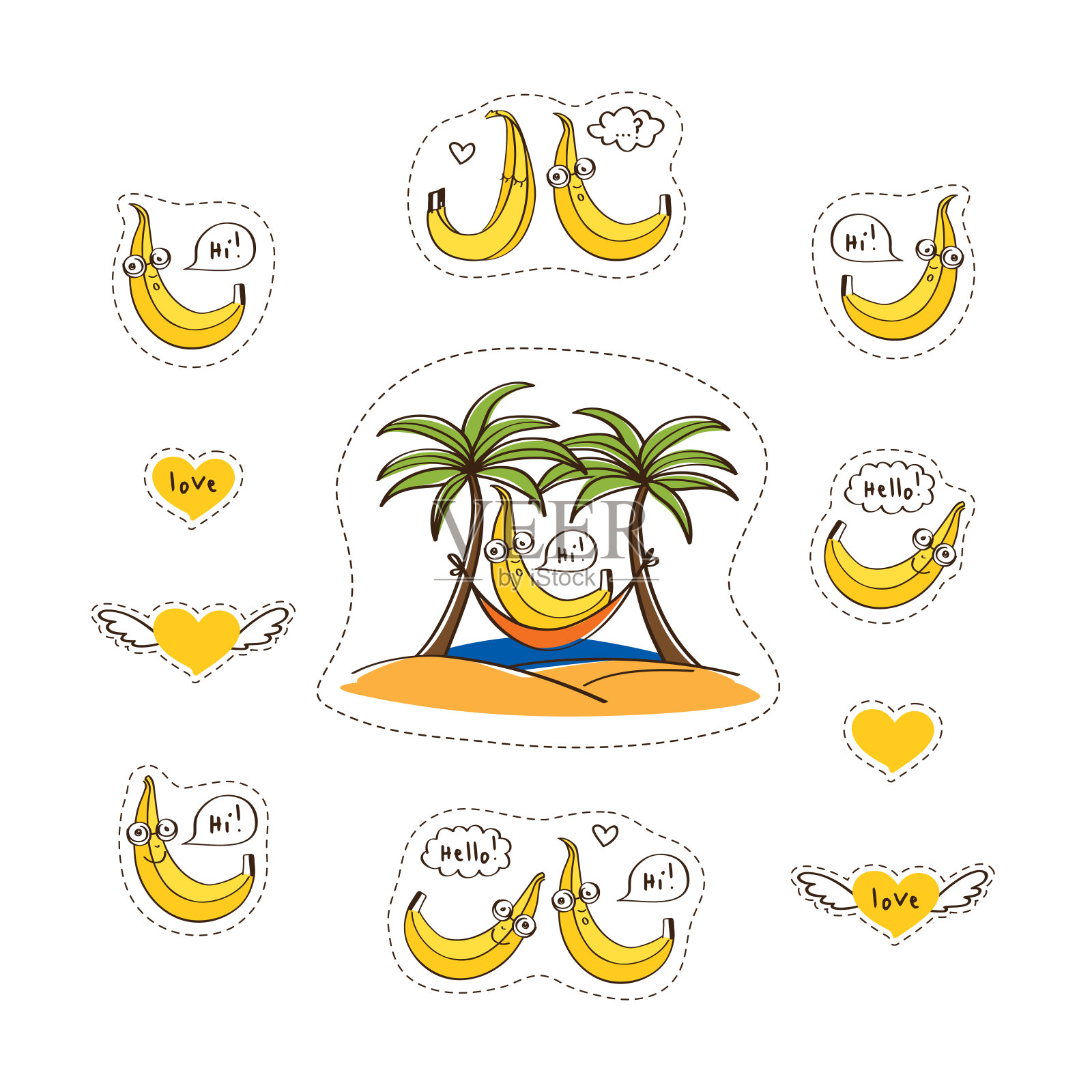 一套贴纸与手画可爱的香蕉。插画图片素材