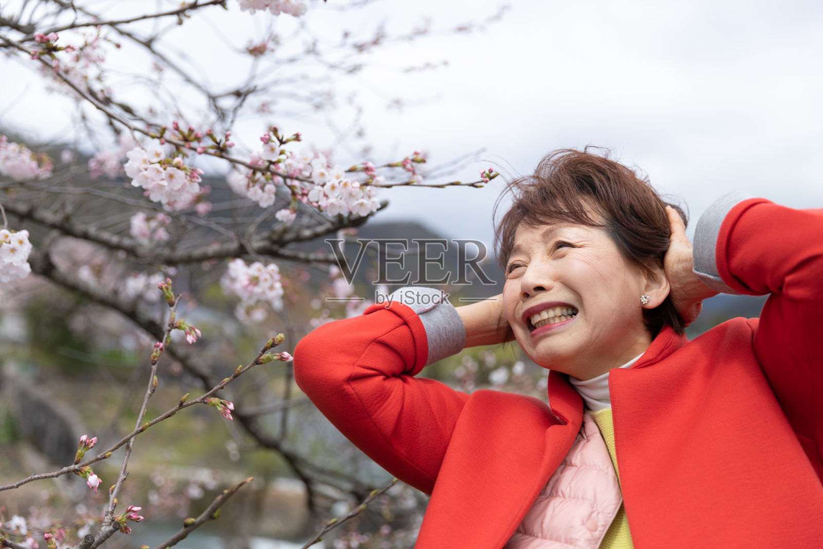 欣赏鲜花的日本女人照片摄影图片
