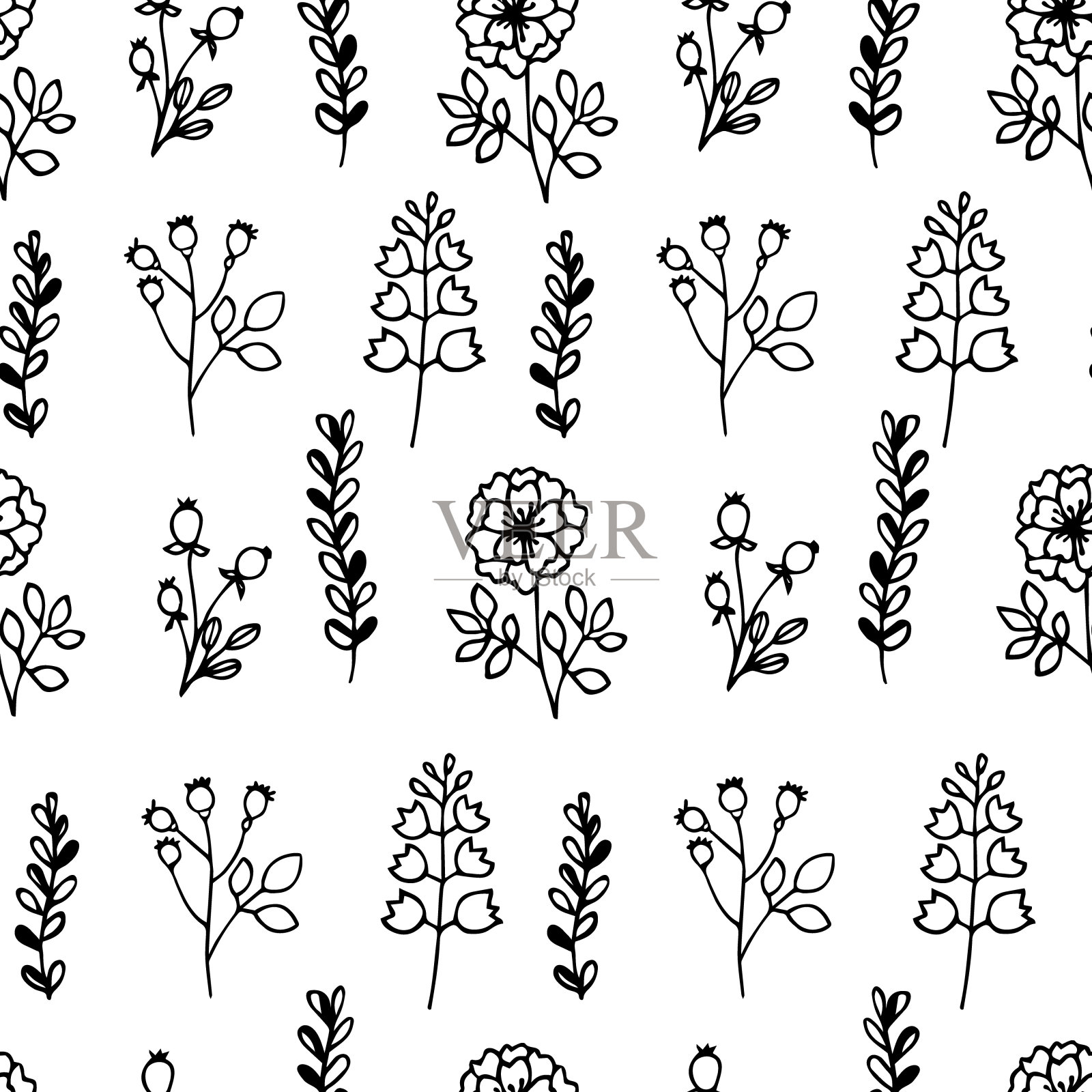 手绘矢量插图。无缝模式与简单的草，野花和树枝的剪影。素描，白色上的黑色轮廓。插画图片素材