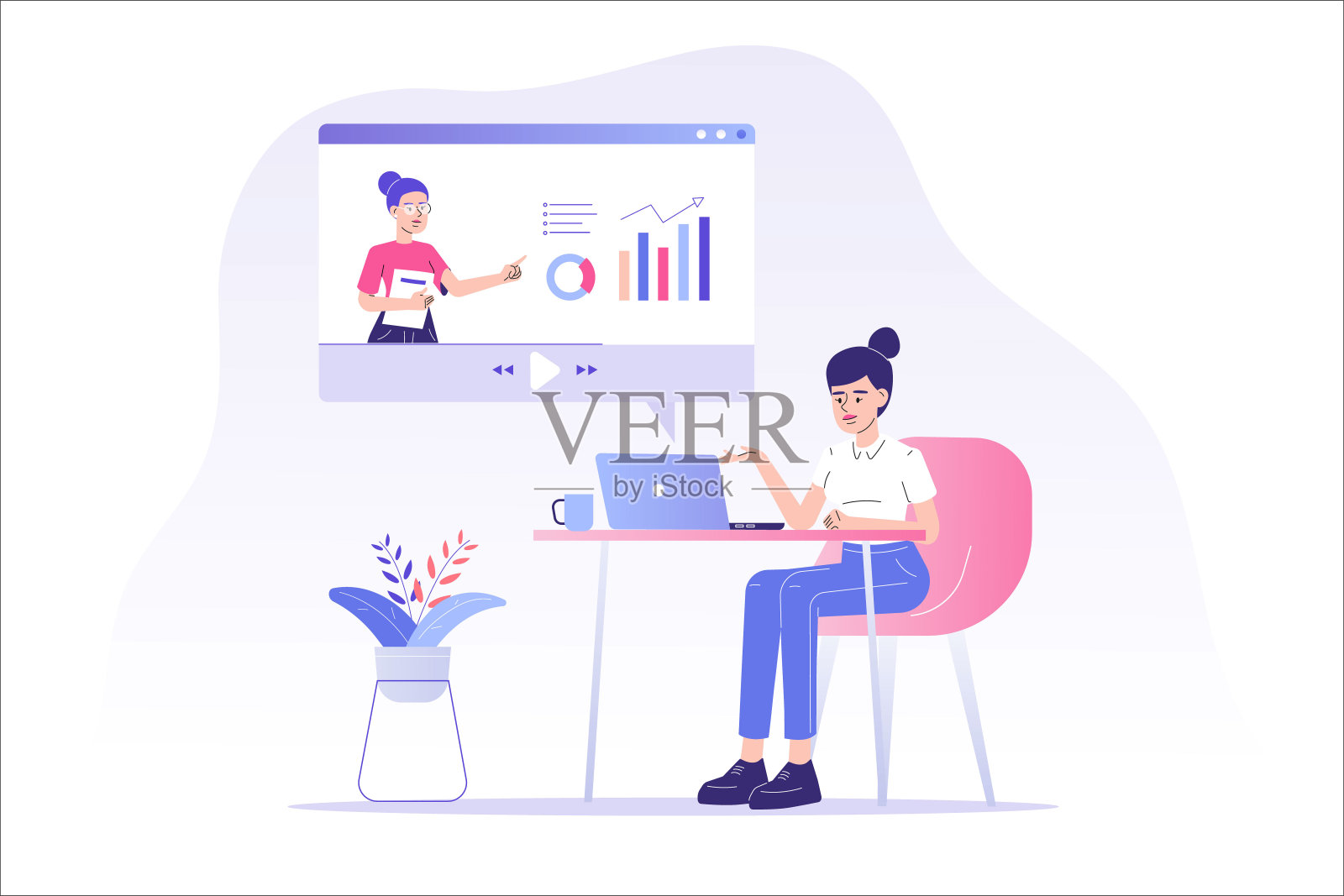 在线教育或商业培训理念。在线女性导师在用户界面。冠状病毒隔离期间的远程教育。网络研讨会或视频研讨会。E学习。矢量图插画图片素材