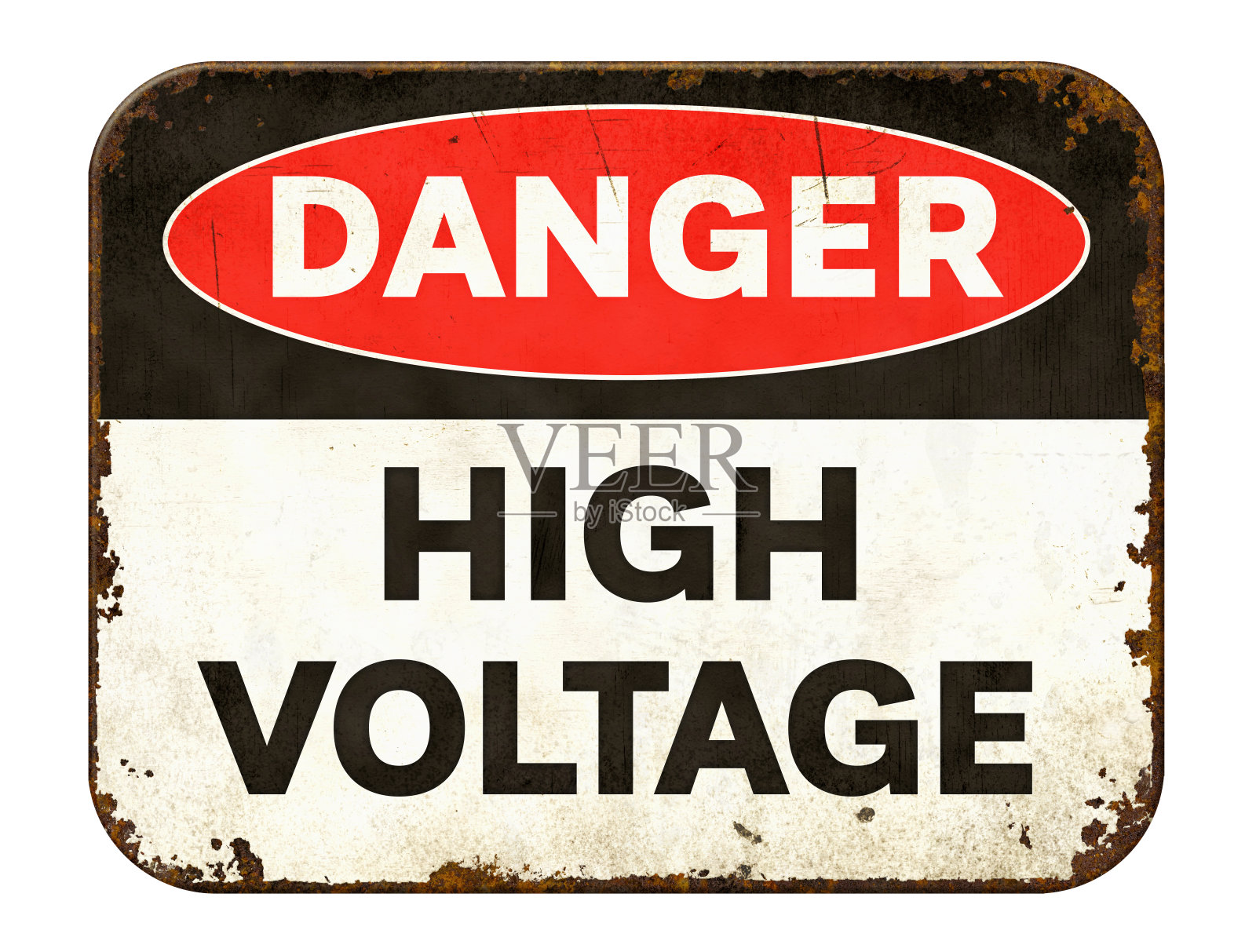 白色背景上的老式锡危险标志-高电压照片摄影图片