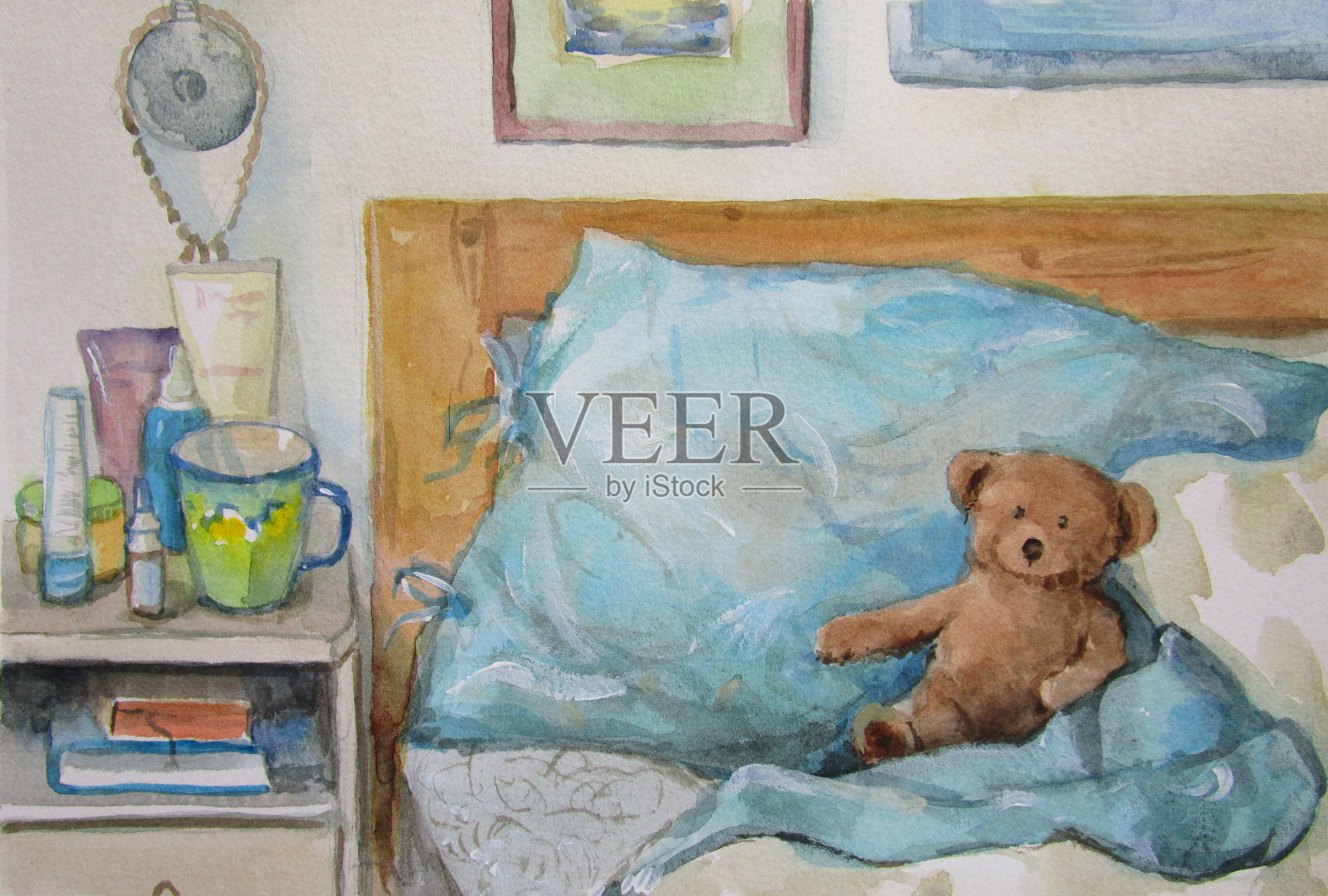 可爱的晨光，还有枕头和泰迪熊插画图片素材