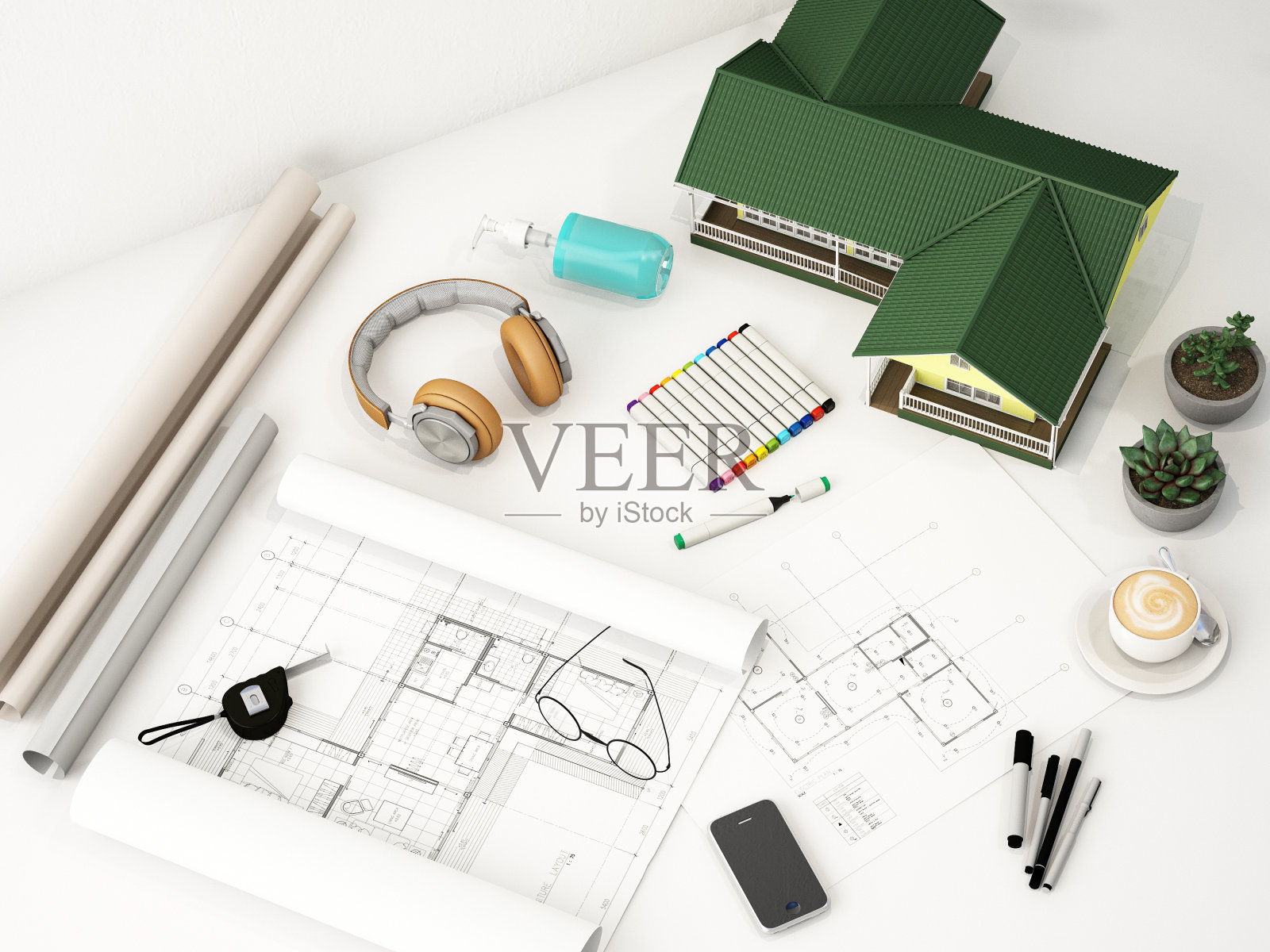 为室内设计师或建筑师提供在家办公的概念，3d渲染，3d插图照片摄影图片