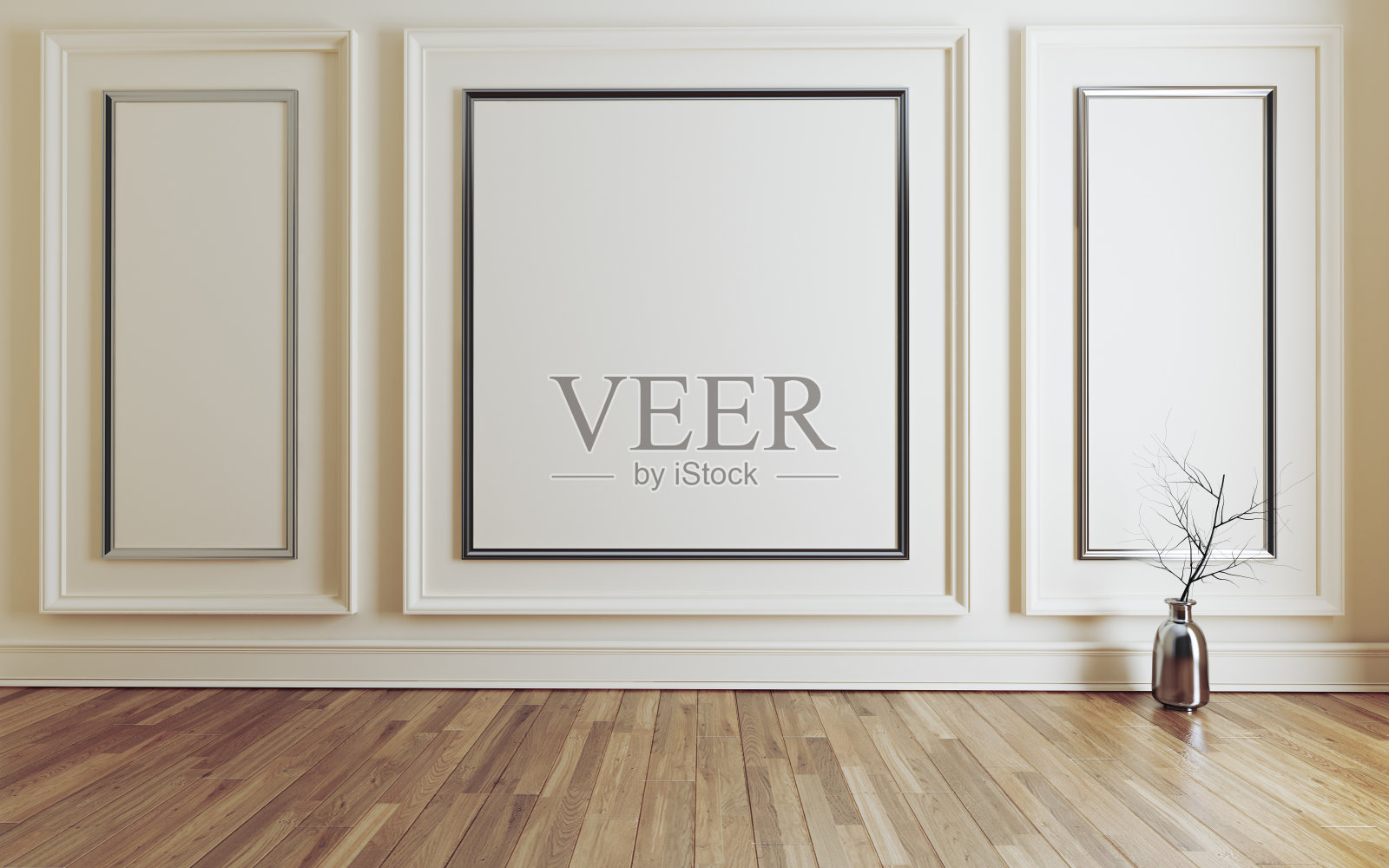 空房间与现代经典的白色墙壁三板和木地板3D渲染照片摄影图片