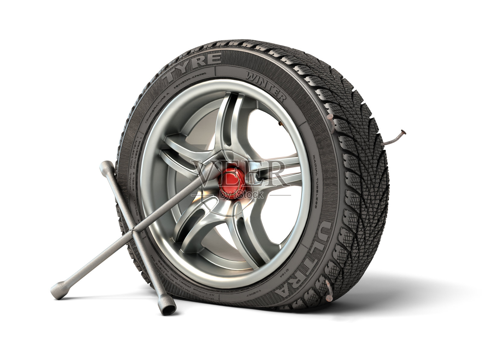 轮胎装配概念车轮冲压与一个钉子和气球键旁边的白色3d渲染照片摄影图片