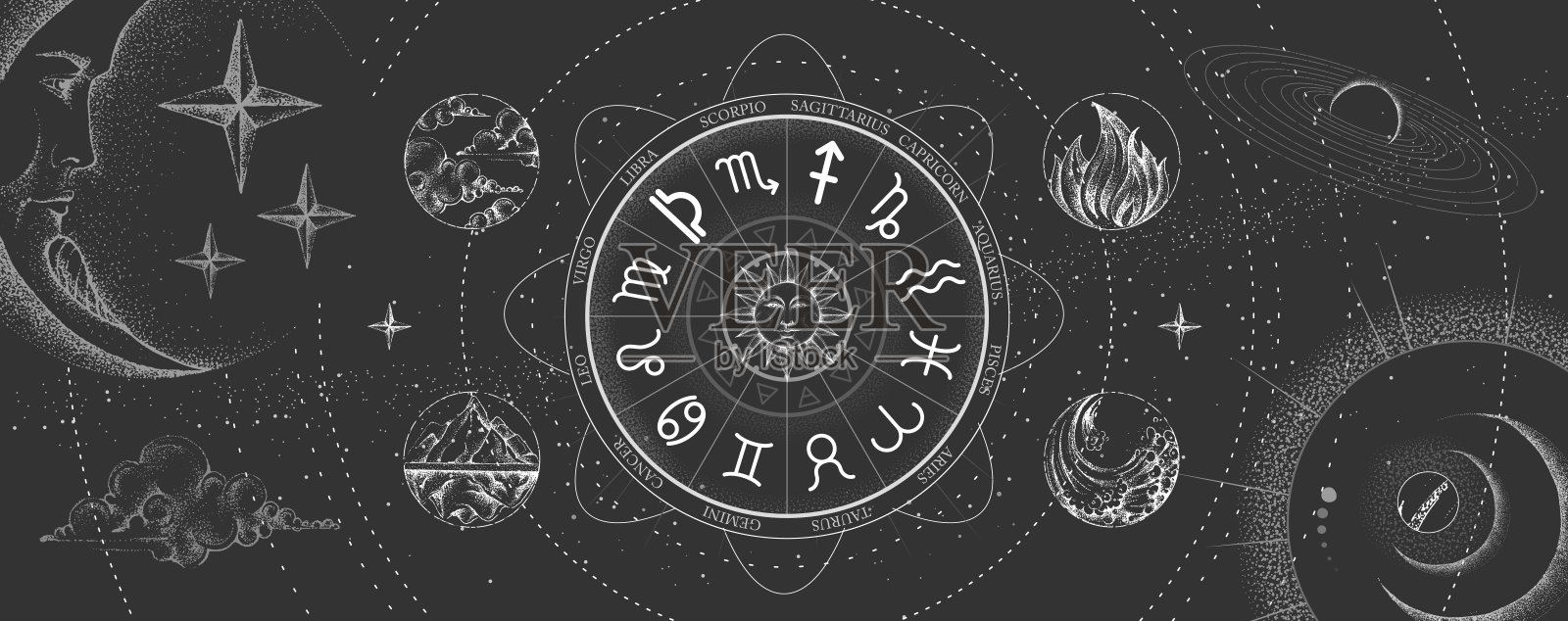 星相轮与星座外太空的背景。四个元素。星图。星座矢量图插画图片素材