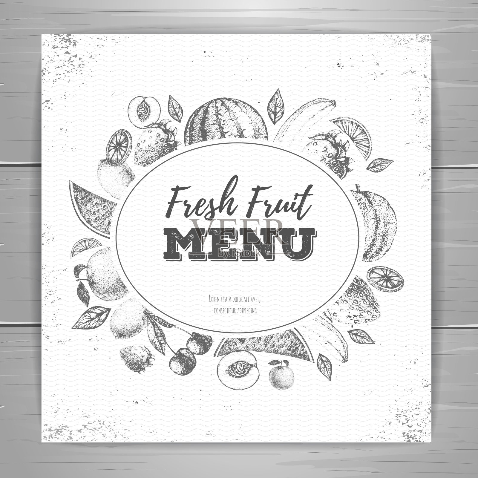 复古垃圾素食菜单设计。新鲜水果草图设计模板素材