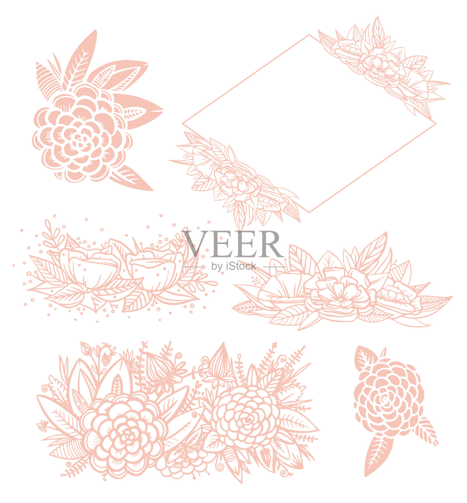 一套粉色线花卉为婚礼邀请。矢量红叶和花。植物元素为您的组成插画图片素材