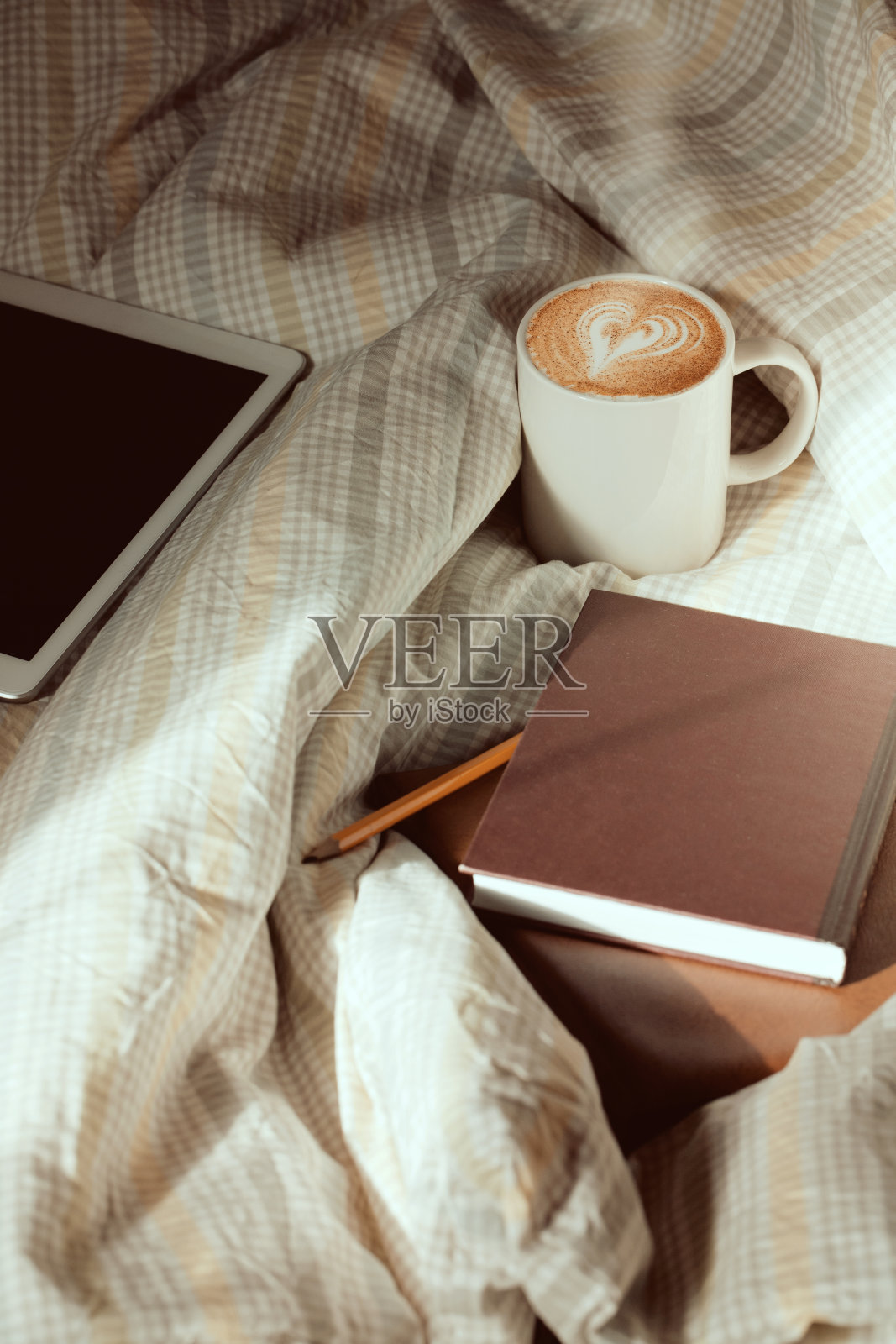 笔记本、书、笔记本电脑和一杯咖啡放在床上的格子织物上。照片摄影图片