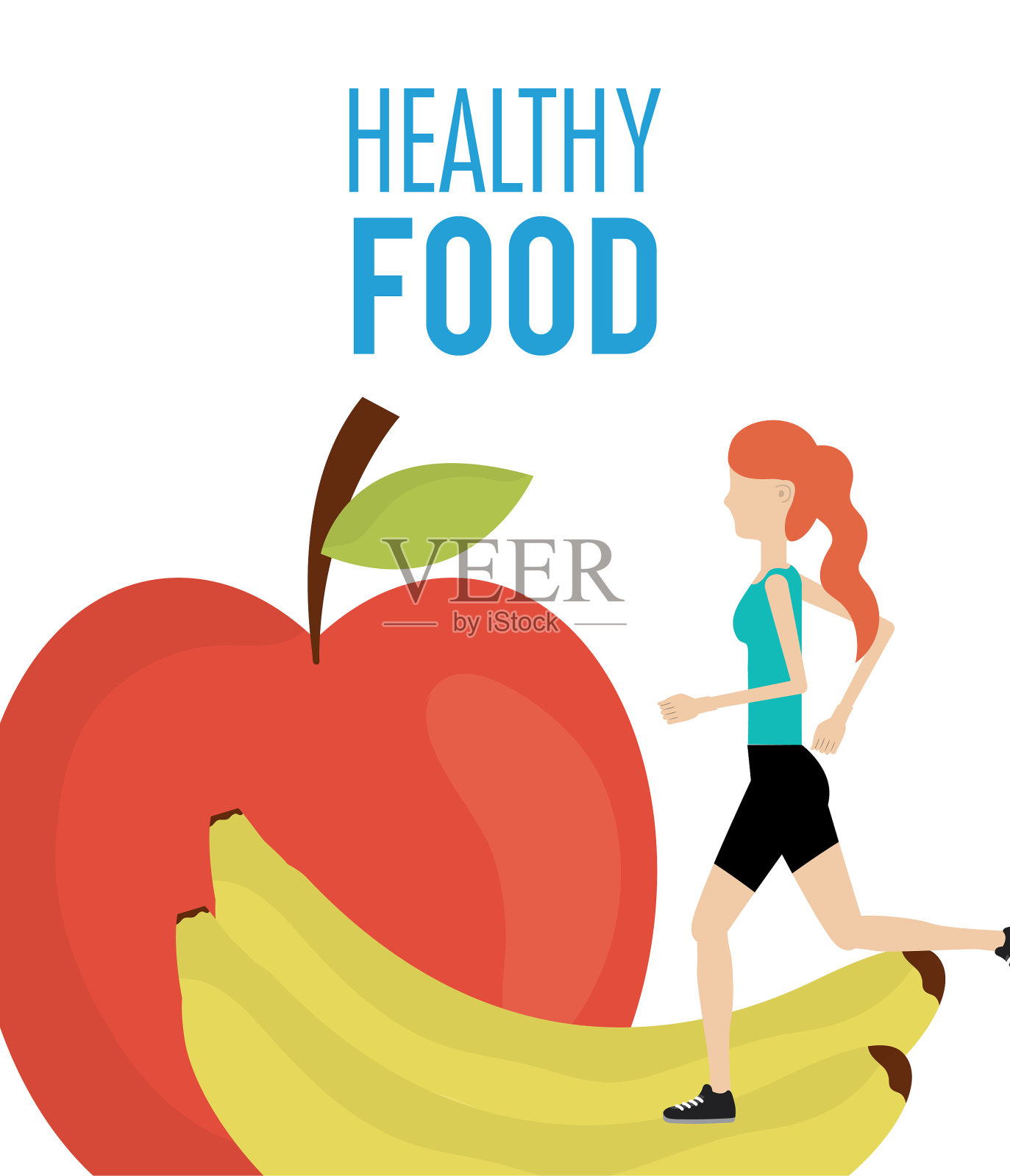 女人和新鲜水果苹果香蕉保健食品插画图片素材