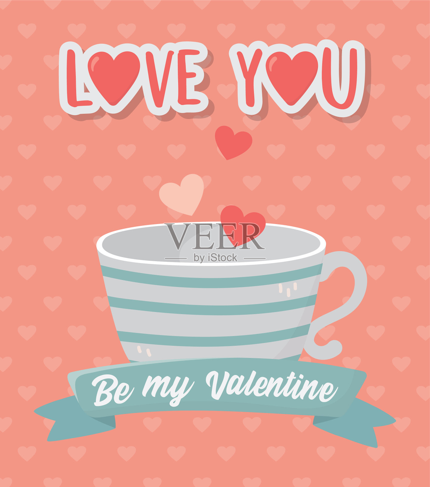 情人节快乐条纹咖啡杯和心形插画图片素材