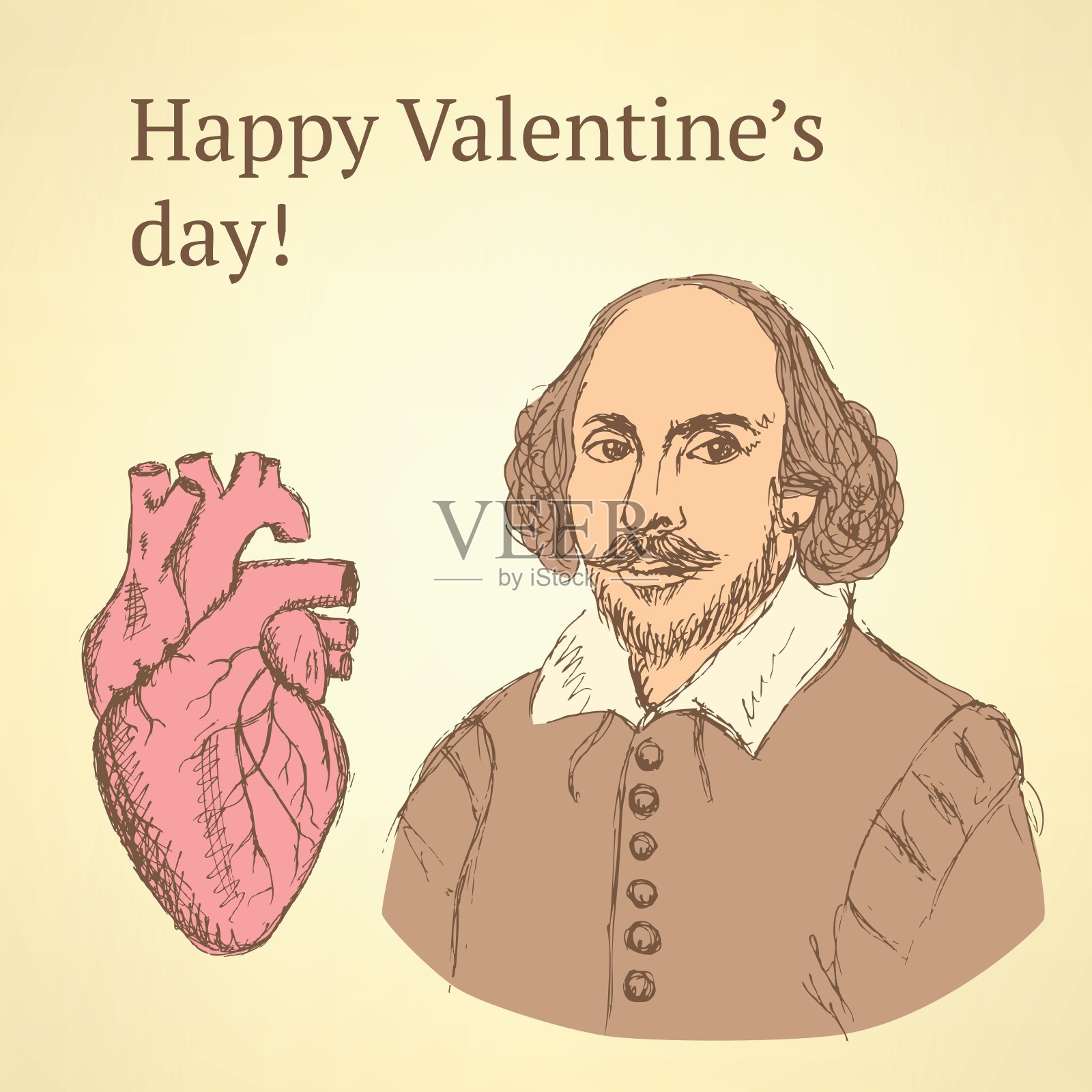 素描情人节设置在复古风格设计模板素材