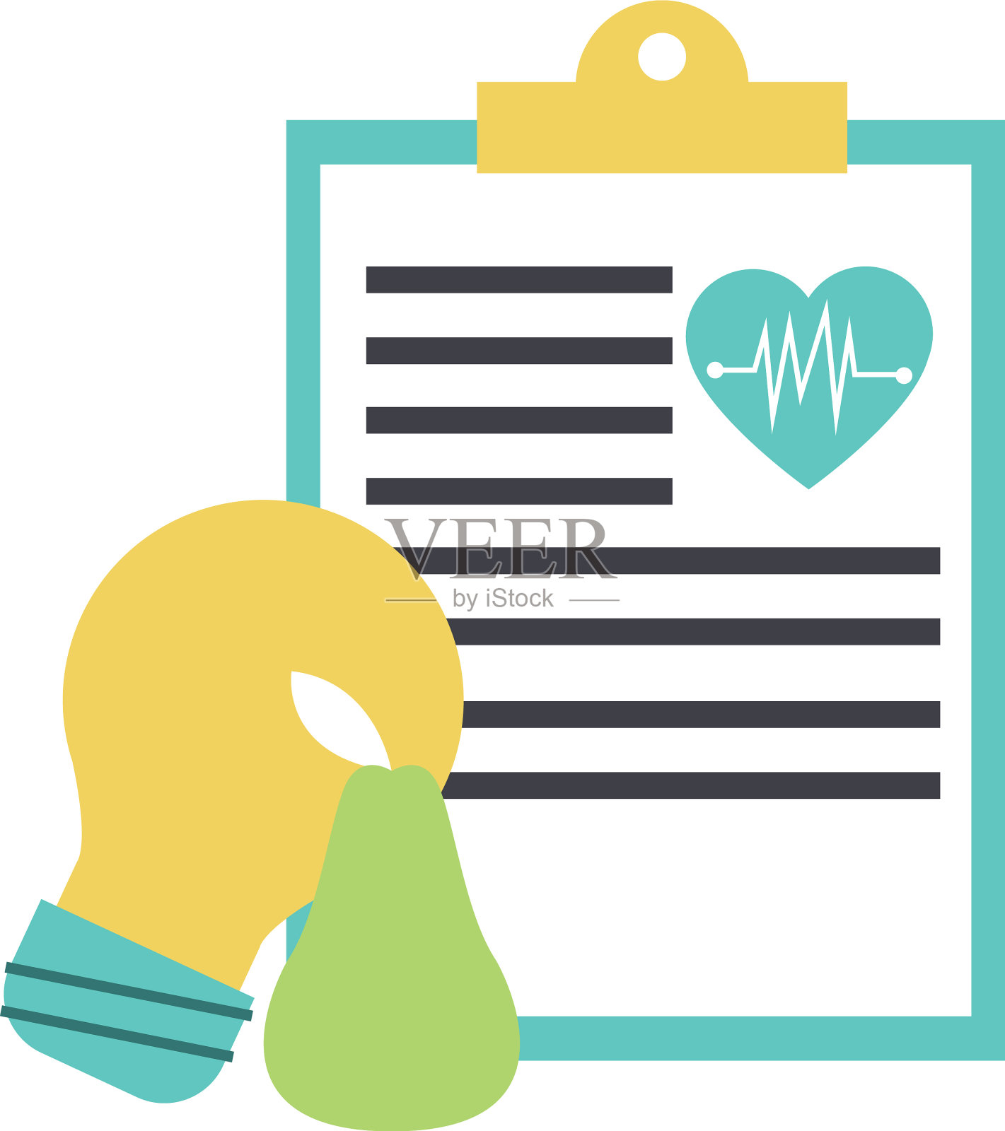 医疗报告，灯泡和梨水果插画图片素材