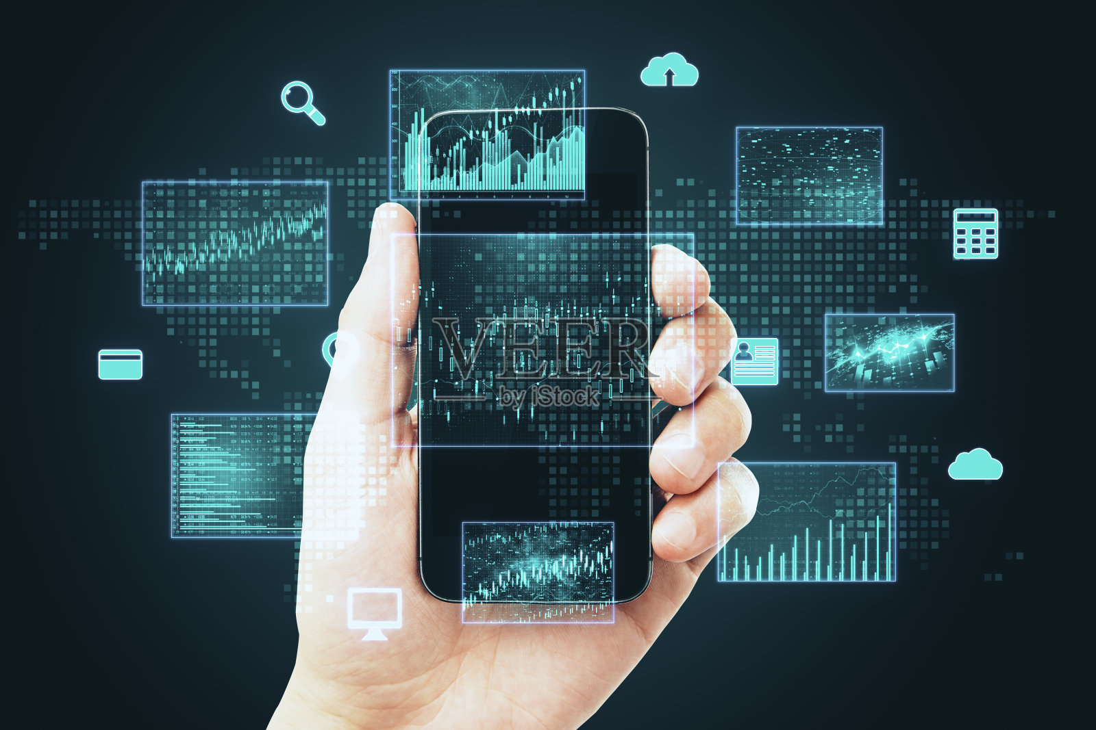 带有商务界面的商人手持手机。照片摄影图片