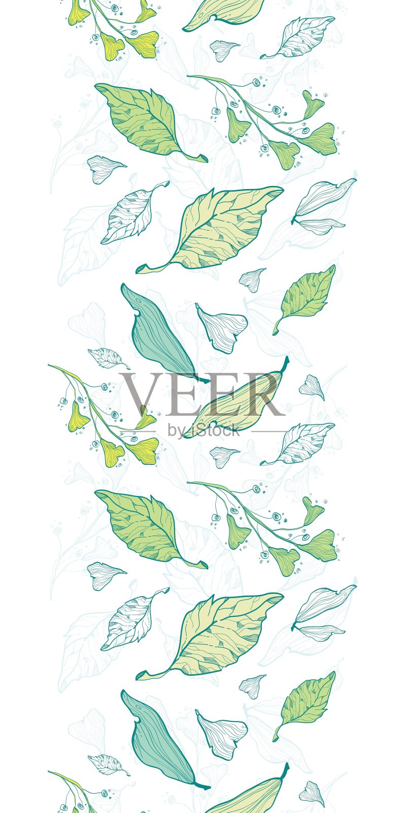 矢量线描弹簧叶垂直边框无缝图案背景插画图片素材