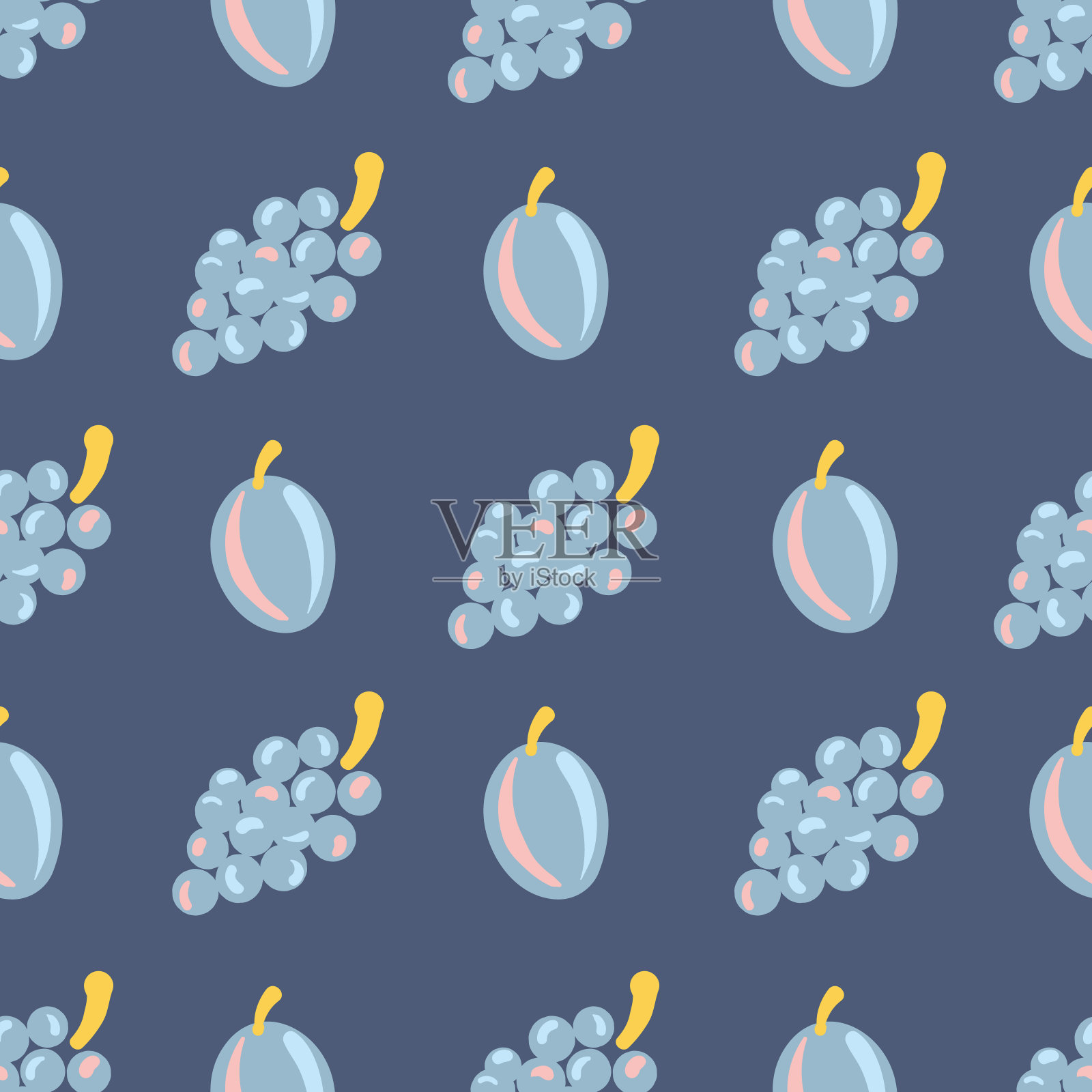 梅子和葡萄无缝矢量模式在蓝色插画图片素材